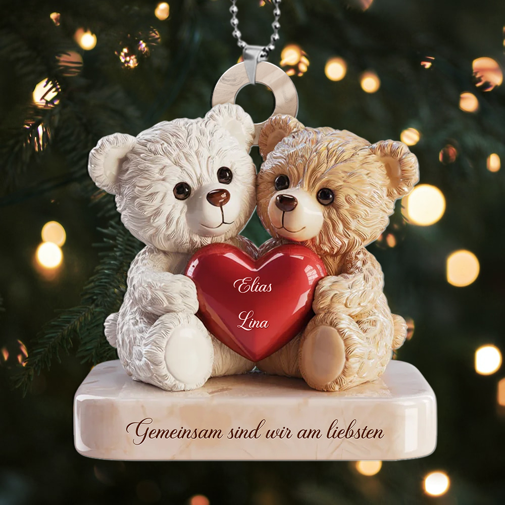 Personalisierbarer Teddybär-Paar-Anhänger mit Herz – Weihnachtsbaumschmuck