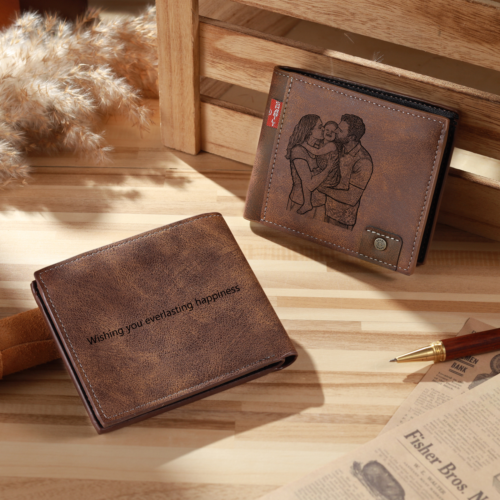 Personalisierte Herren Geldbörse aus PU‑Leder mit graviertem Foto und Namen