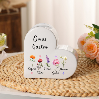 Personalisierte herzförmige Keramikvase „Omas Garten“, personalisiert mit 1–12 Geburtsblumen und Namen – Muttertags- und Geburtstagsgeschenk für Mama & Oma | Kettenmachen