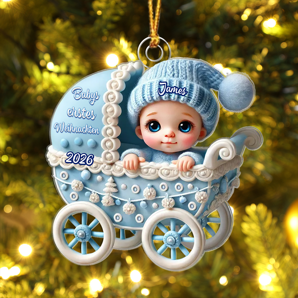 Personalisierte Weihnachtsanhänger in Form eines Kinderwagens für Babys erstes Weihnachten