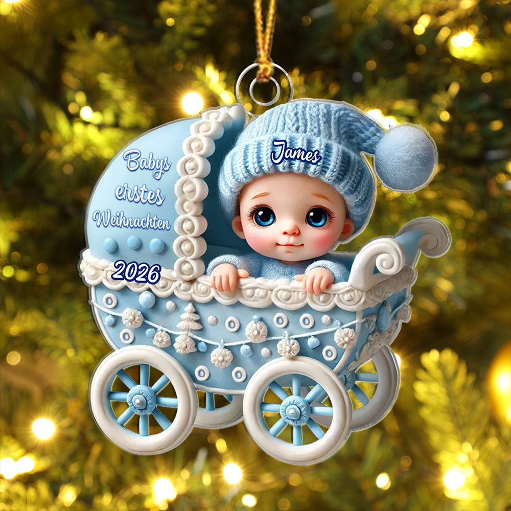 Personalisierte Weihnachtsanhänger in Form eines Kinderwagens für Babys erstes Weihnachten