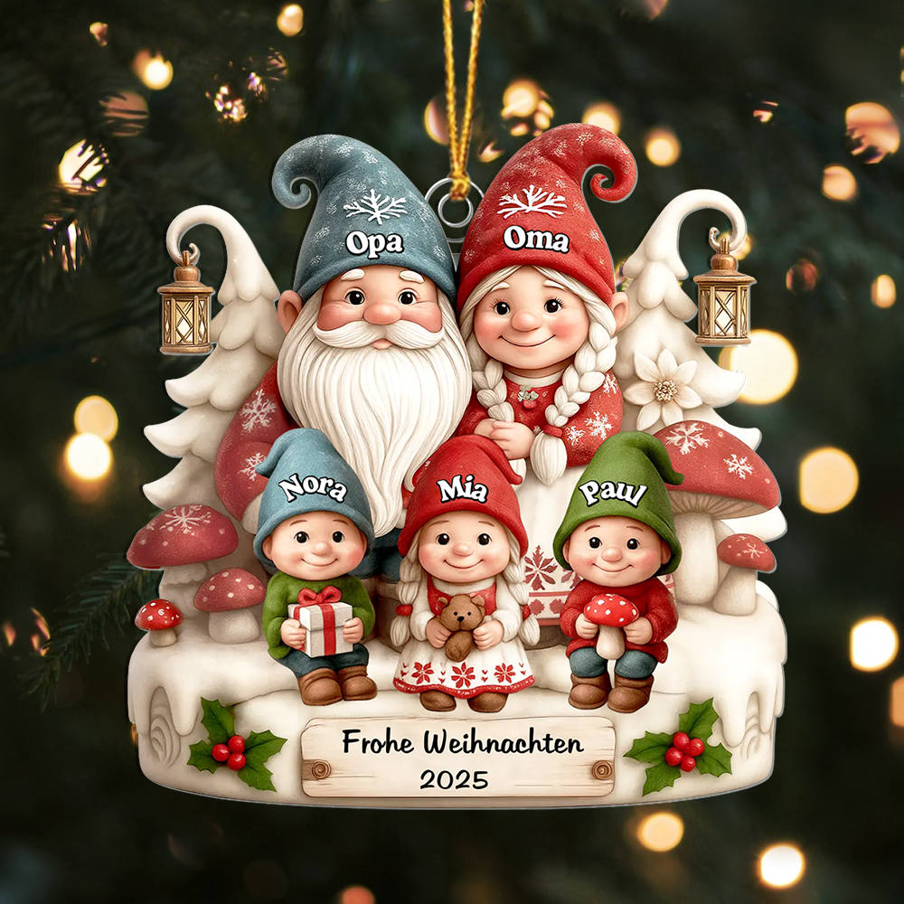 Personalisierter Weihnachtsbaumschmuck mit Wichtel-Familie, individuellen Namen und dem Jahr 2025, Geschenk für Großeltern, Eltern und Kinder | Kettenmachen