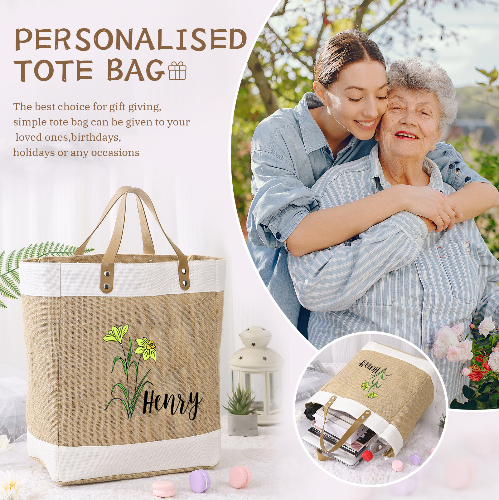 Personalisierter 1 Name & Geburtsblume & Buchstabe Handtasche aus Baumwolle und Leinen