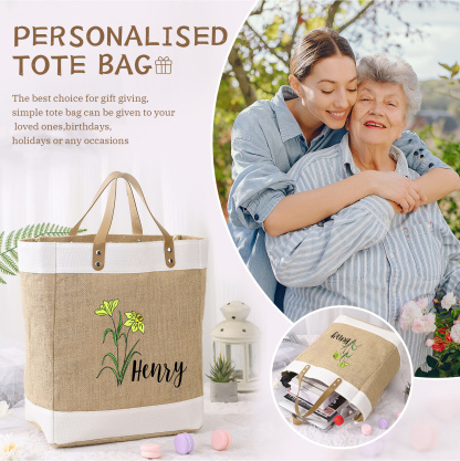 Personalisierter 1 Name & Geburtsblume & Buchstabe Handtasche aus Baumwolle und Leinen