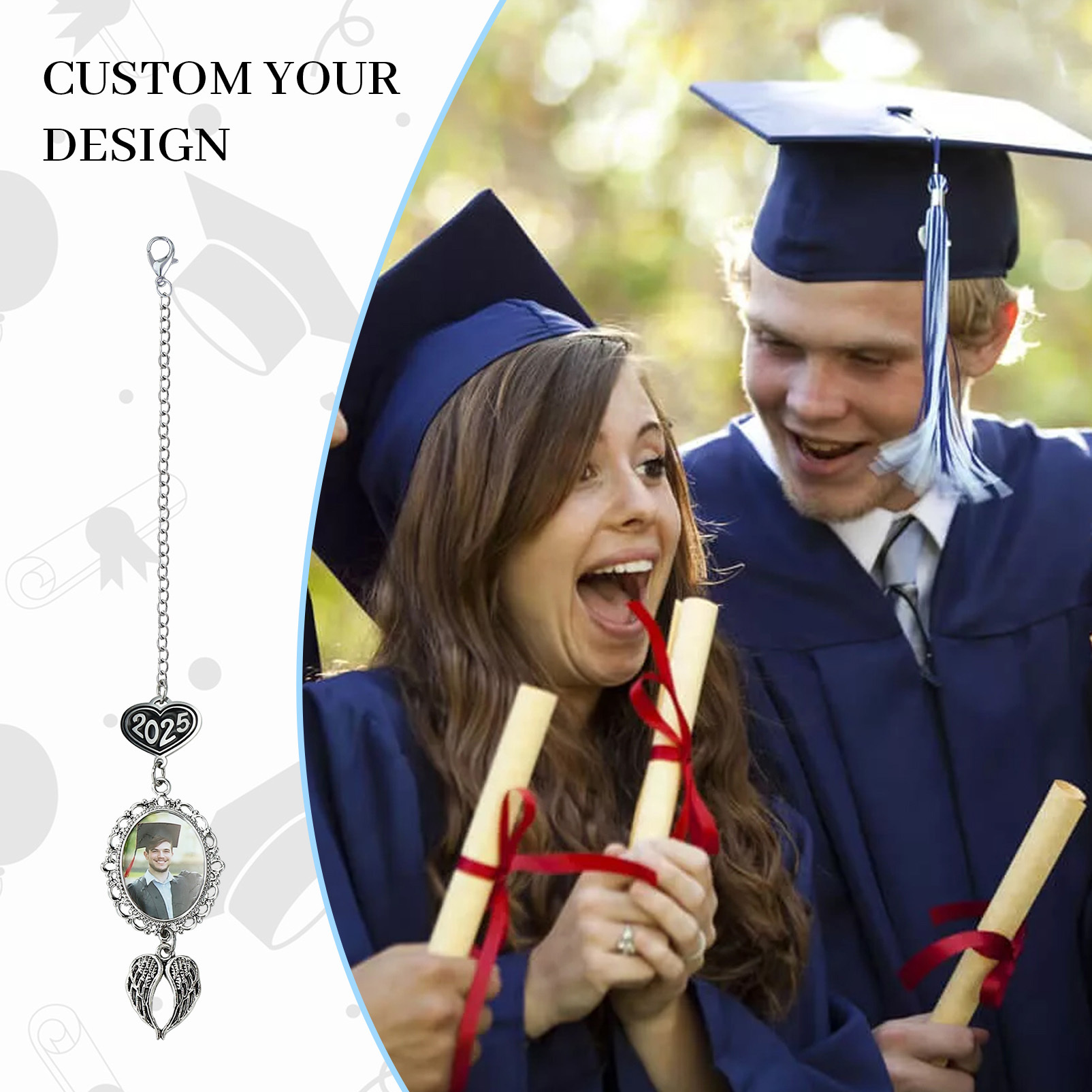 Personalisiertes 1 Foto 2025 Anhänger Vintage Engelsflügeln Graduiertenmütze mit Quaste zum Schulabschluss