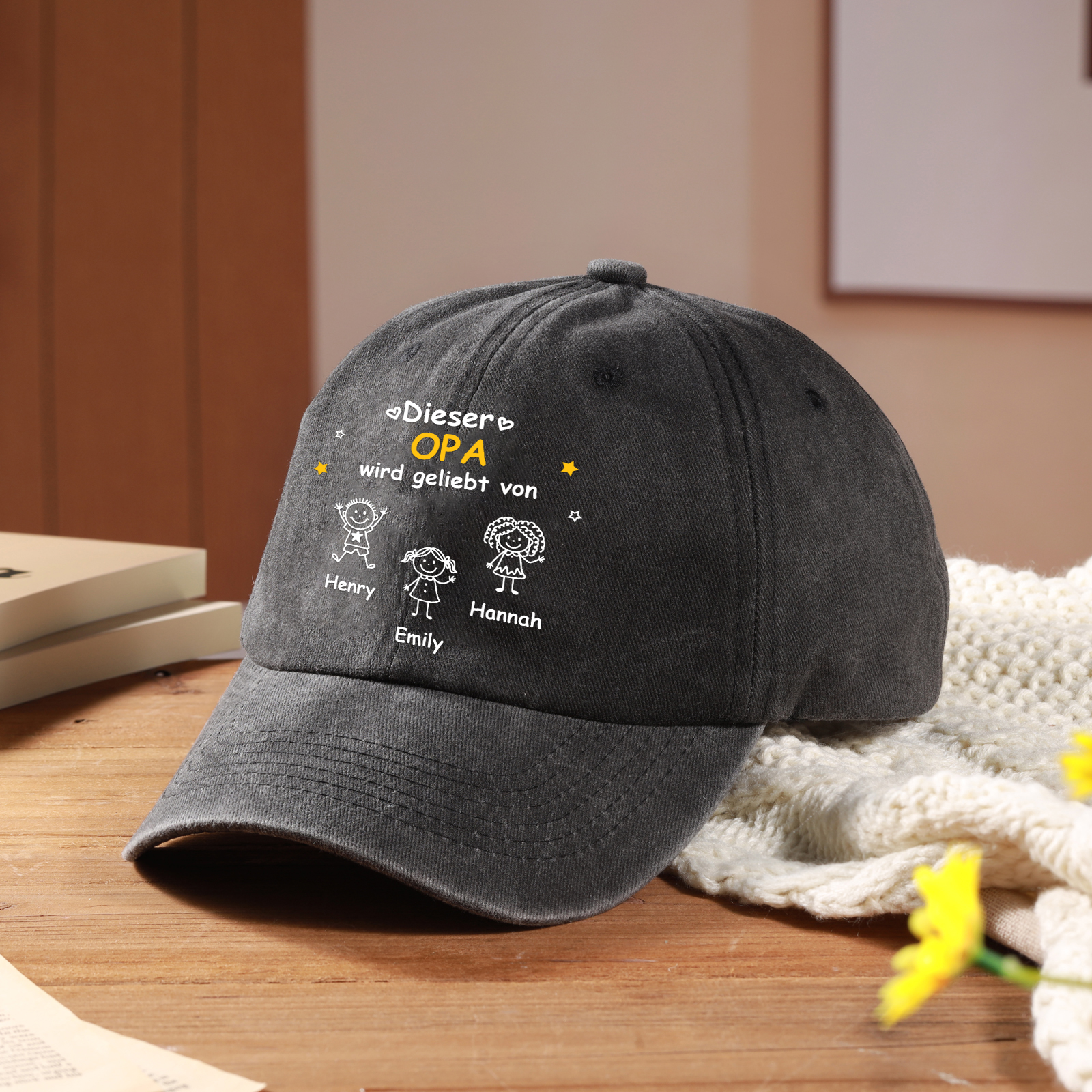 Personalisierte Basecap aus Baumwolle mit 1 bis 10 Namen und Kinderzeichnung