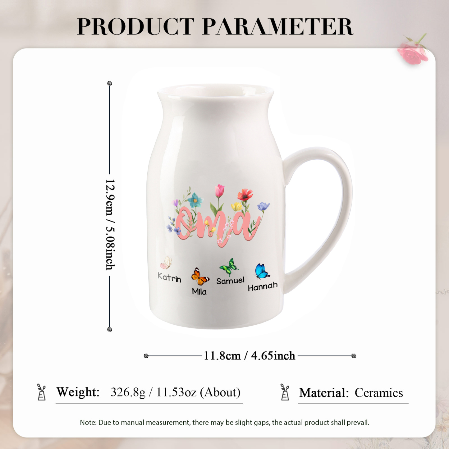 Personalisierte Keramikvase mit 1 bis 10 Namen und Schmetterling-Motiv Geschenk für Mama Oma