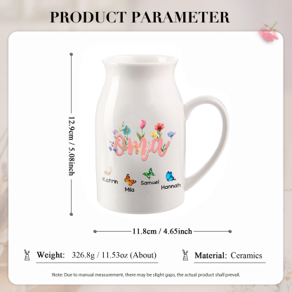 Personalisierte Keramikvase mit 1 bis 10 Namen und Schmetterling-Motiv Geschenk für Mama Oma
