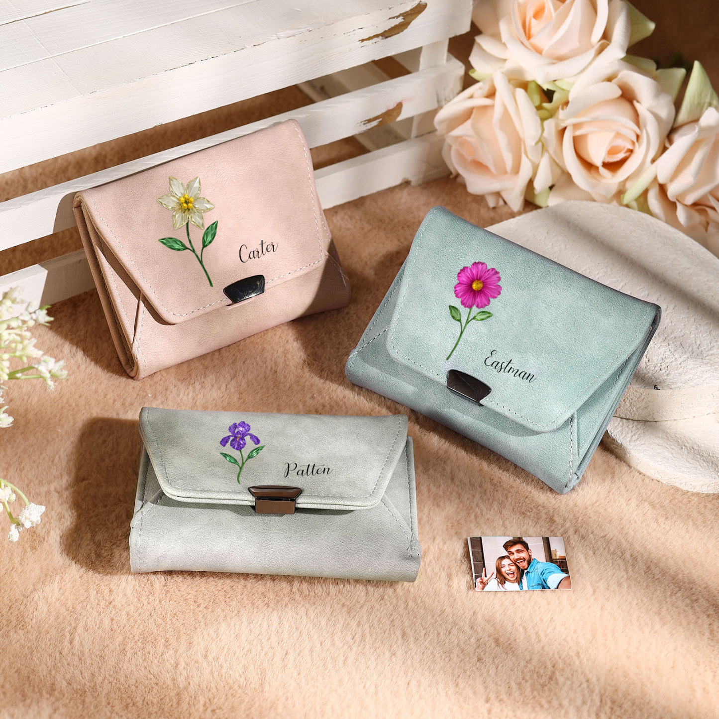 Personalisierte Damen Geldbörse aus Leder mit Geburtsblume und Namen