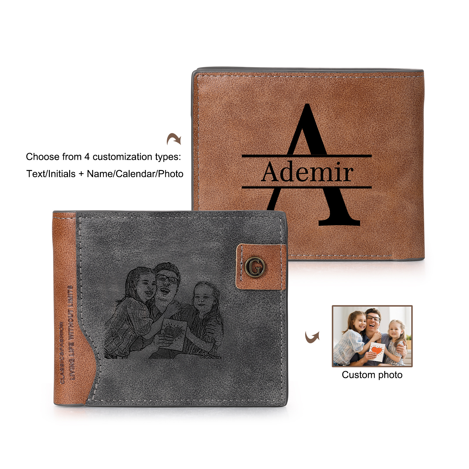 Personalisierte Herren-Geldbörse aus Leder im Bifold-Design mit graviertem Foto, Buchstaben und Namen