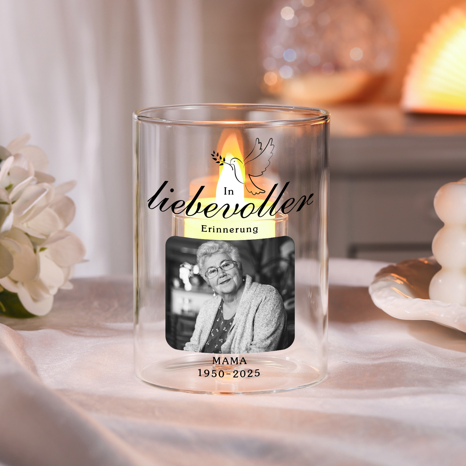 Personalisierter Gedenk-Kerzenhalter aus Glas mit Foto