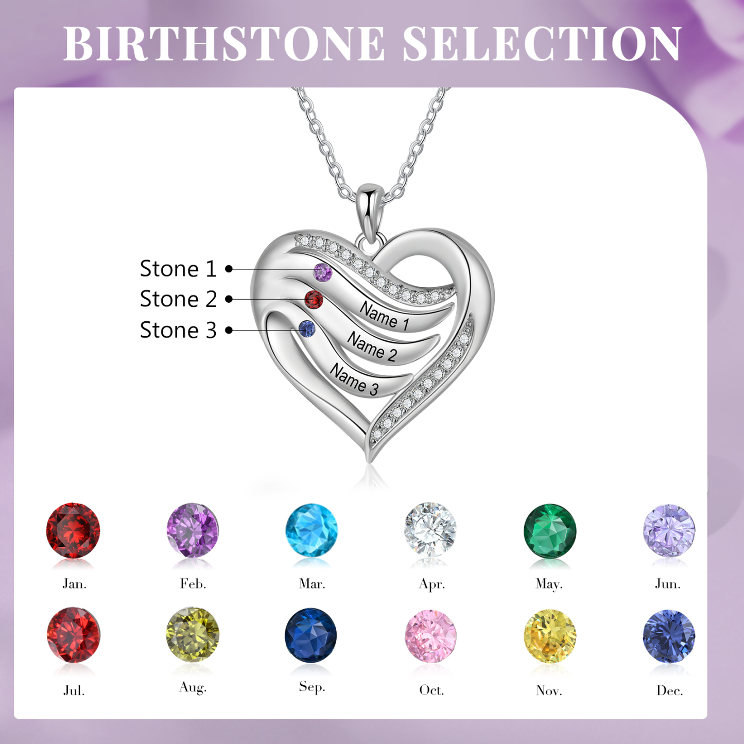 925 Sterling Silber Personalisierte 1-6 Namen & 1-6 Geburtssteinen Herz Halskette mit Zirkonia