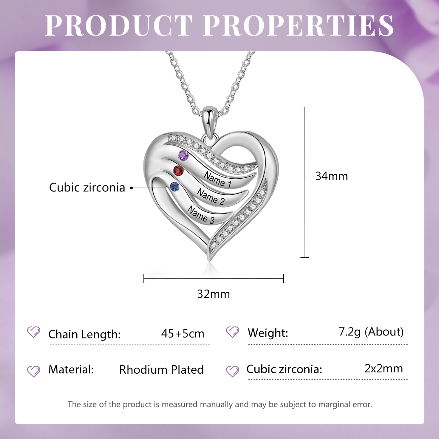 925 Sterling Silber Personalisierte 1-6 Namen & 1-6 Geburtssteinen Herz Halskette mit Zirkonia