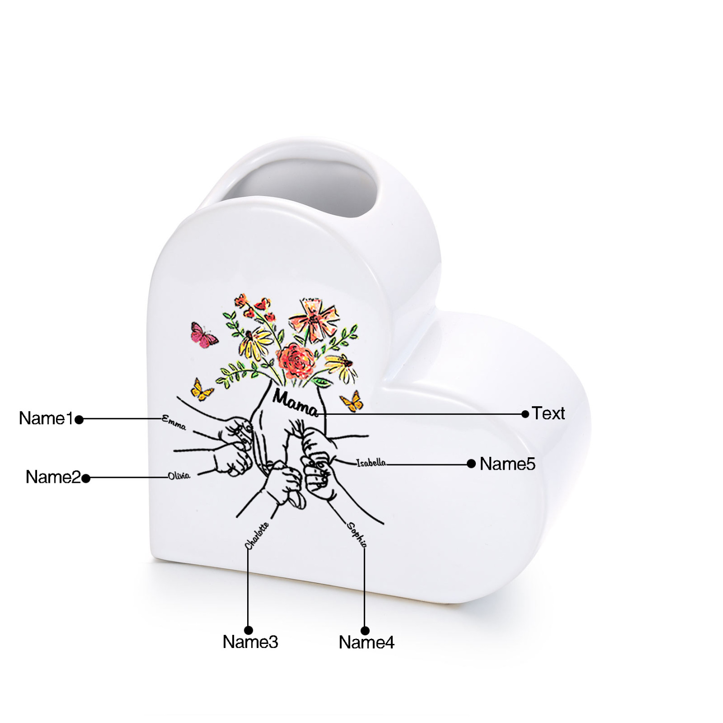 Personalisierte Herzvase aus Keramik mit Wunschtext und 2–8 Kindernamen