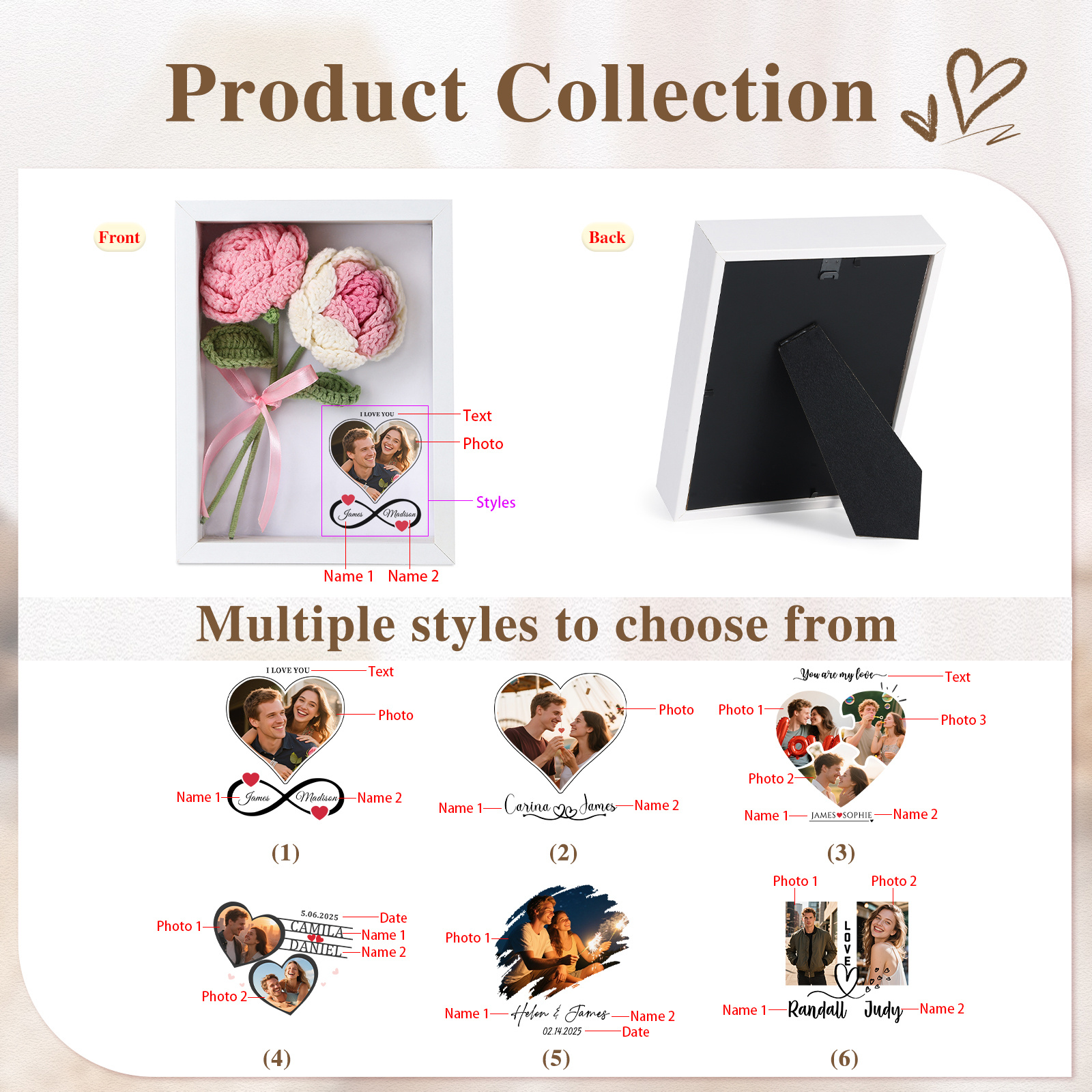 Personalisierter Foto-Tiefenrahmen mit Häkelrose