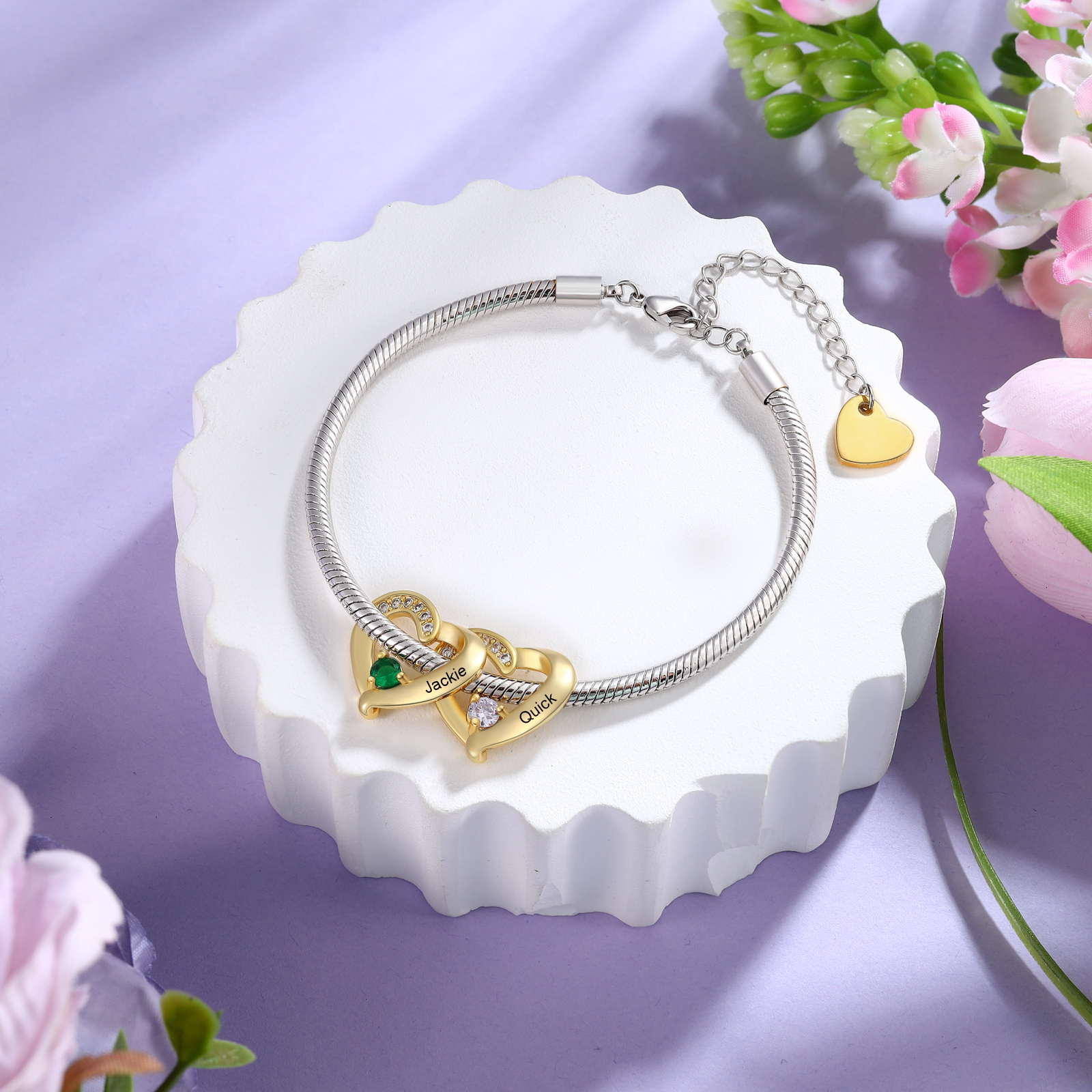 Personalisiertes Herz-Geburtsstein-Armband – Individuell mit 1-5 Namen und Geburtssteinen – Geschenk für Mama, Ehefrau, Freundin, Oma