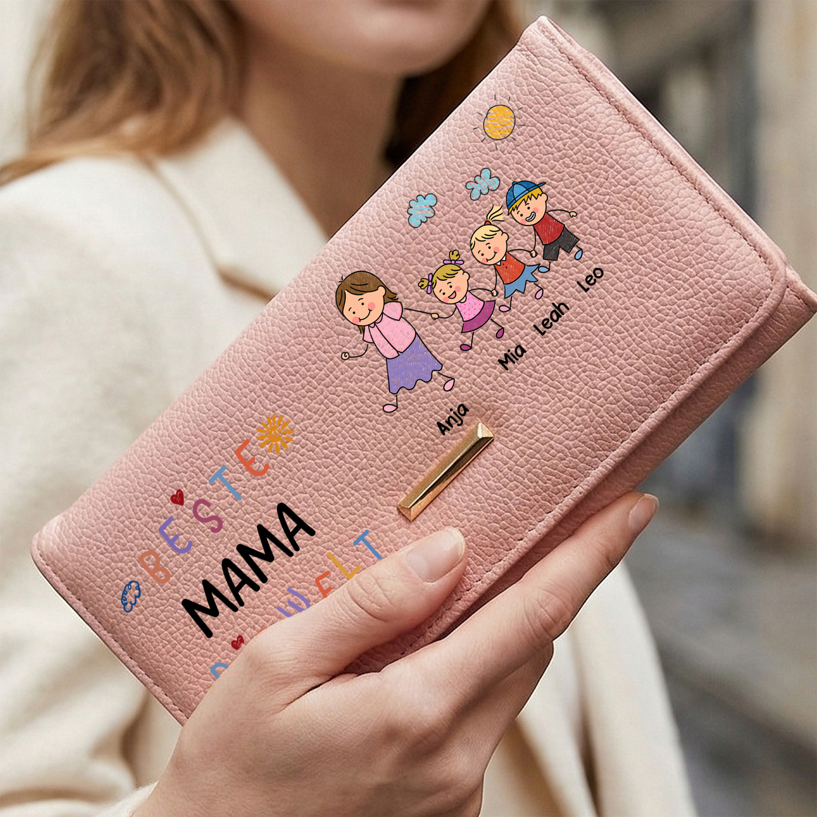 Personalisierte Leder-Geldbörse Beste Mama aller Zeiten mit Familienmotiv personalisiert mit 1 bis 8 Namen