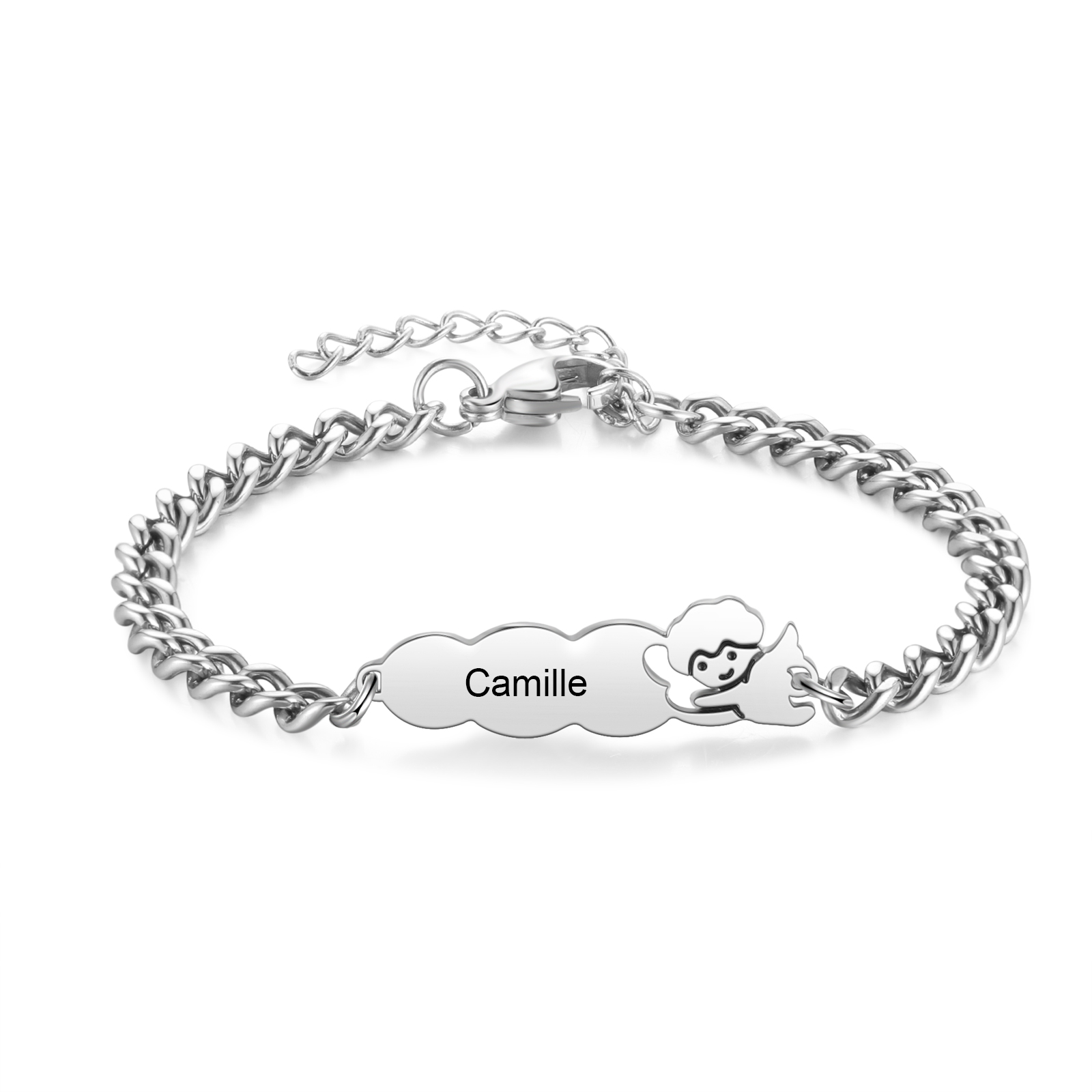 Personalisiertes Namensarmband mit Wunschnamen und Schutzengel‑auf‑Wolke‑Motiv