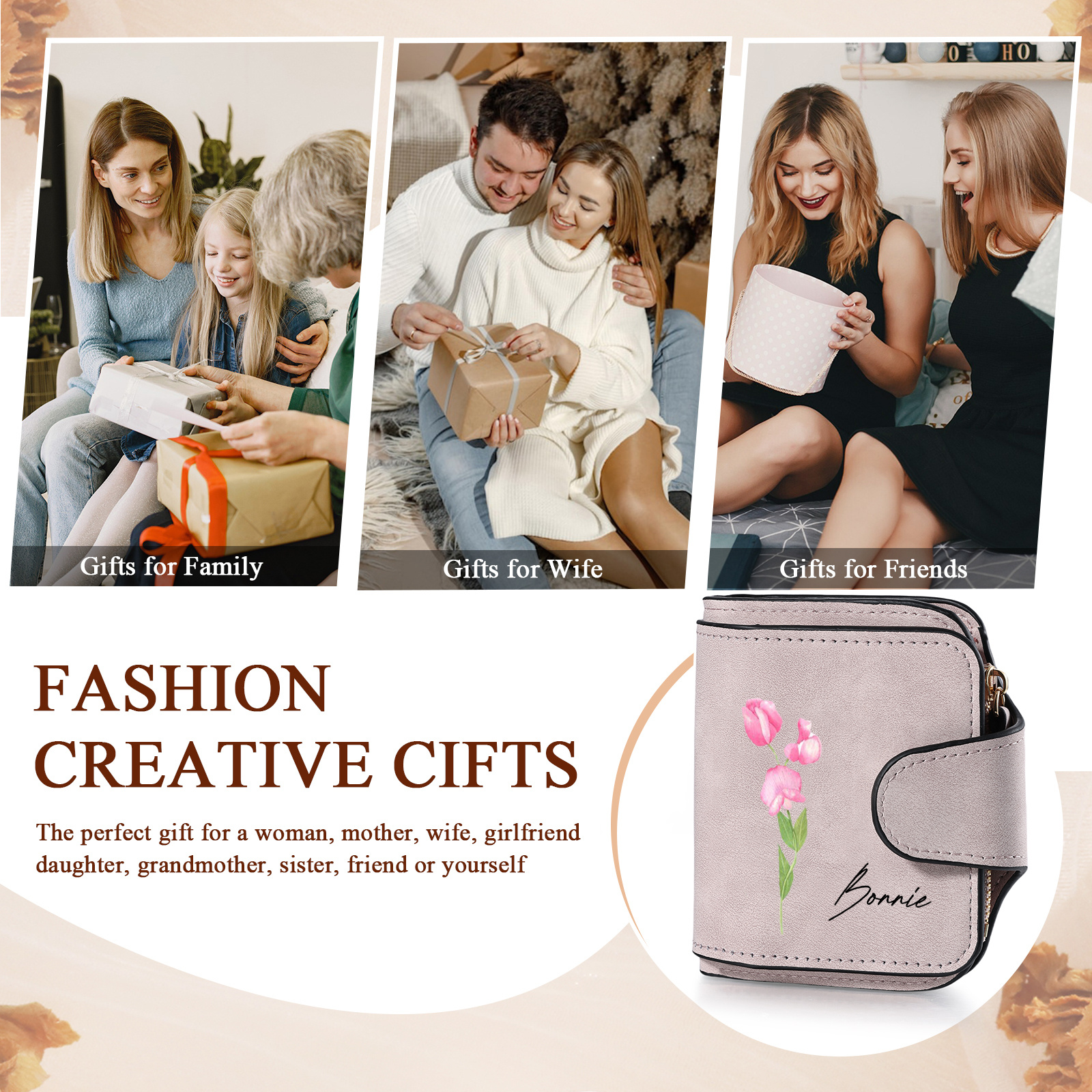 Damen Mini-Geldbörse Blume & Name PU-Leder Geschenke für Frauen