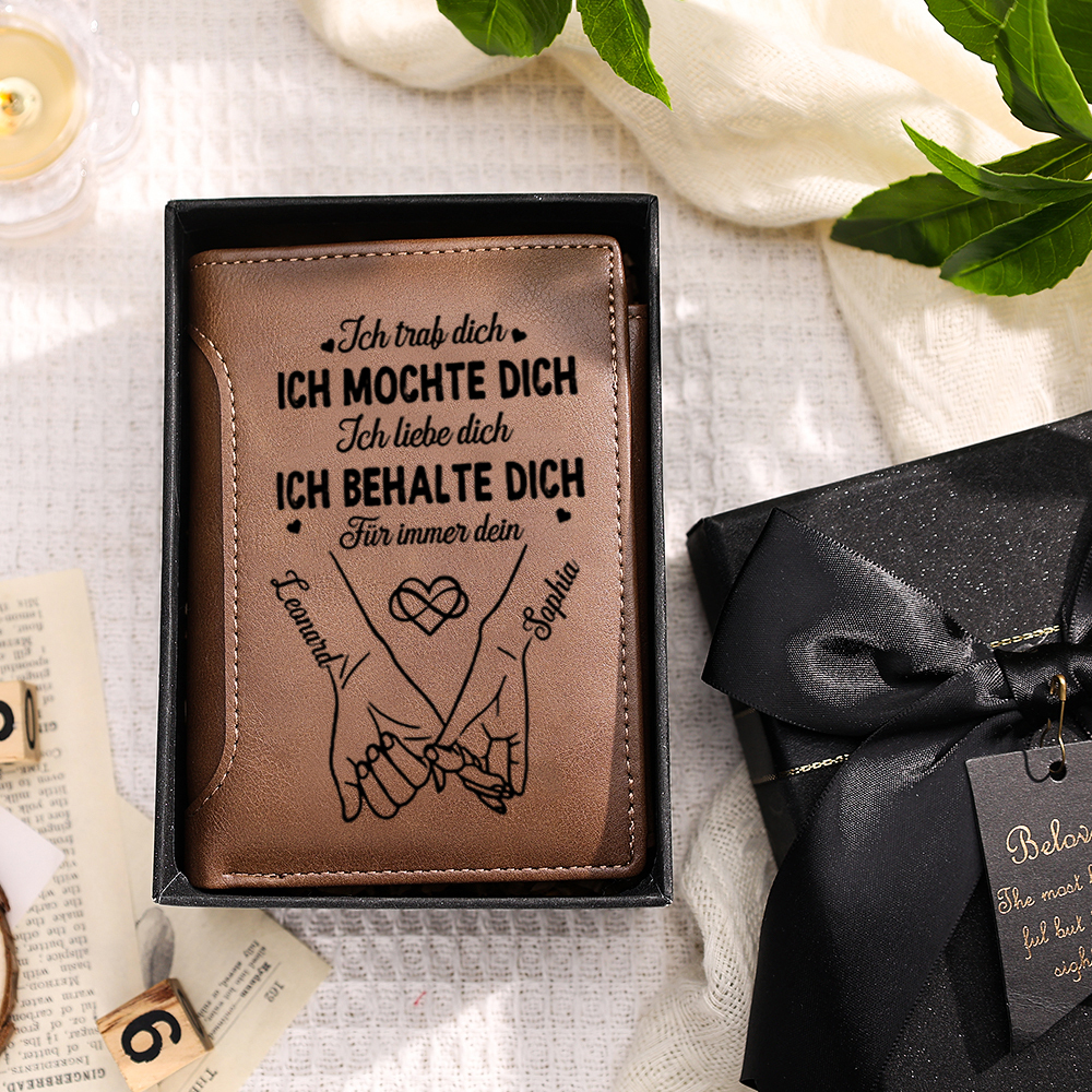 Personalisierte Bifold-Ledergeldbörse für Herren mit „Pinky-Promise“-Motiv, graviert mit 2 Namen – für Paare