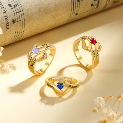 Personalisierter Herzring mit Herz-Geburtsstein – bis zu 4 Namen gravierbar, Geschenk für Frauen
