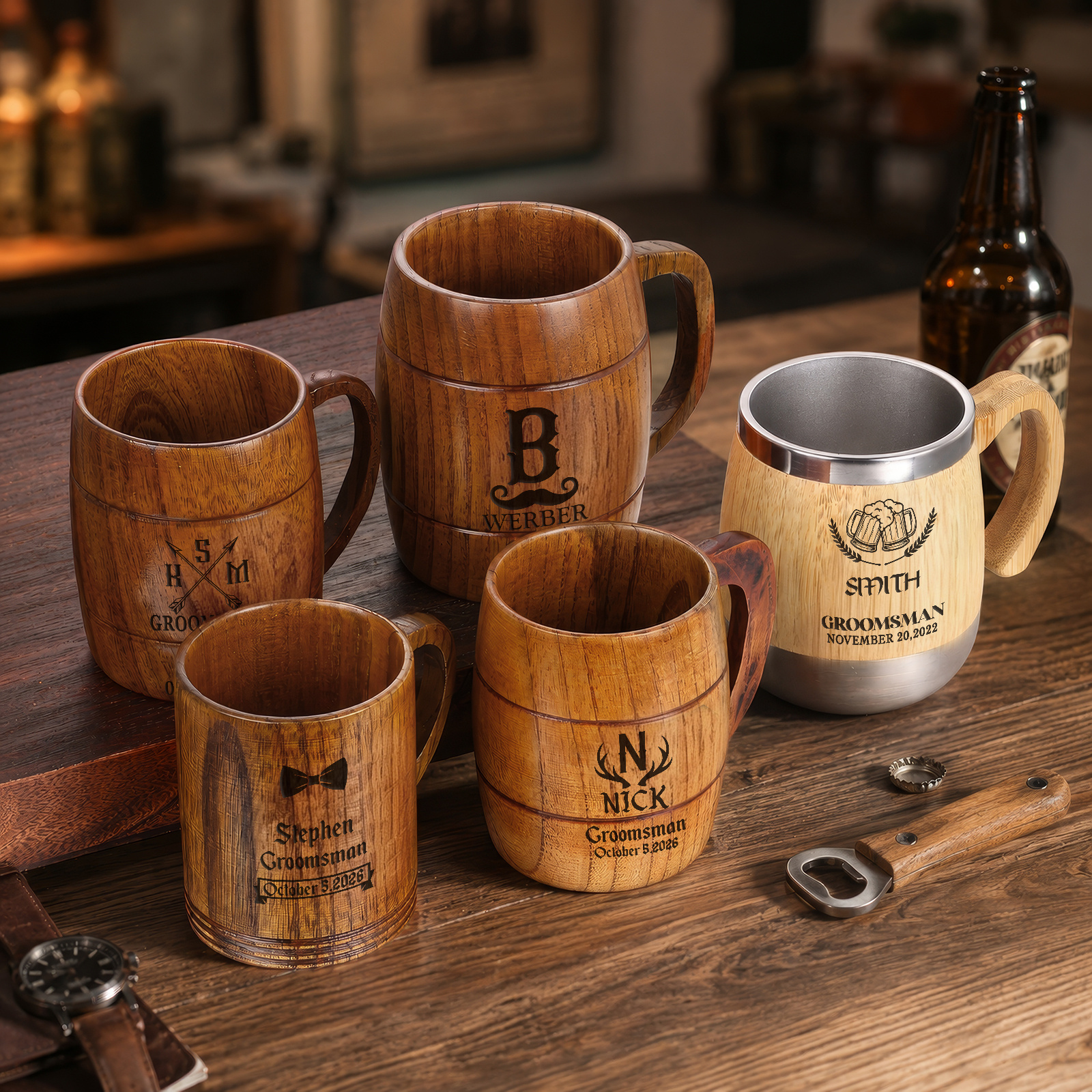Personalisierter Bierkrug aus Holz mit Namen und Initialen Geschenk für Papa Bierliebhaber und Grillmeister