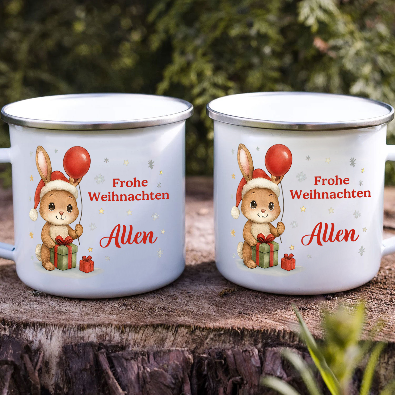 Personalisiert Weihnachts-Emailletasse, Tiermotiv — “Frohe Weihnachten”