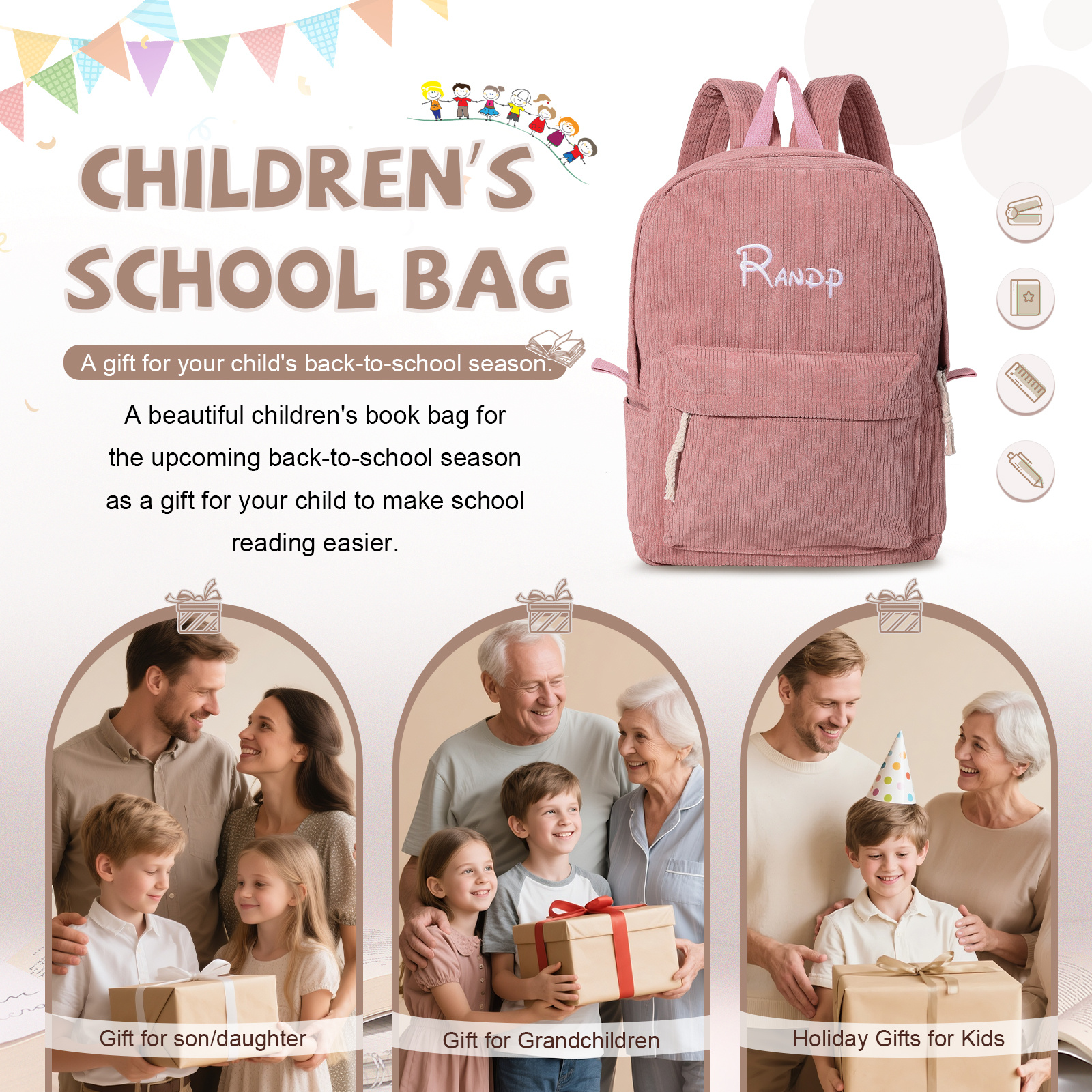 Personalisierte vierfarbige Cordtasche, Rucksack mit Wunschname für Kinder, Geschenke zum Schulanfang
