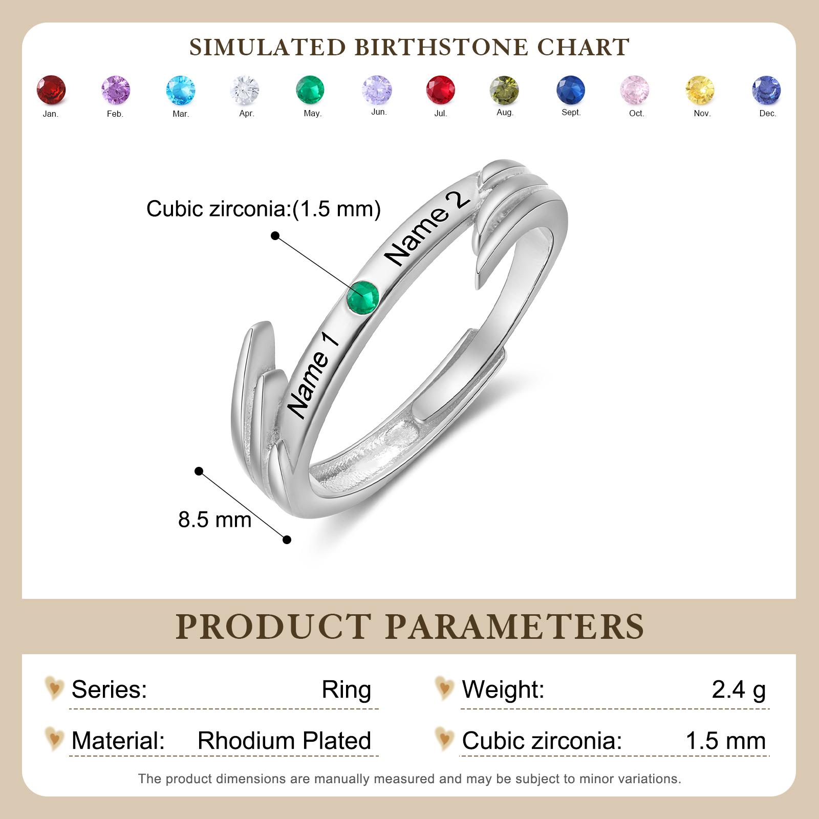 Personalisierte Paarring mit Engelsflügeln, Geburtssteinen und Gravur von 2 Namen