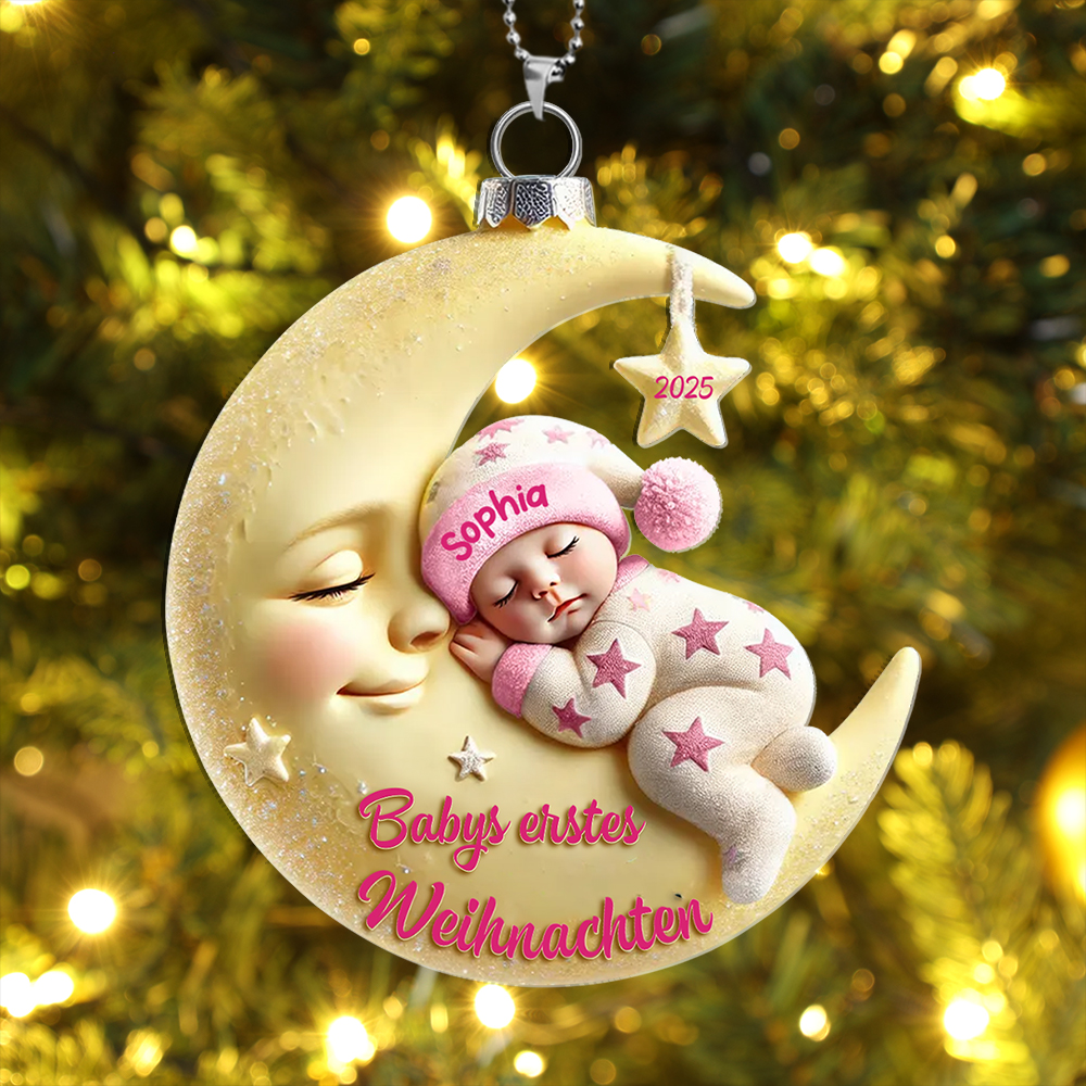 Babys erstes Weihnachten – Personalisierter Christbaumanhänger Mond & Sterne mit Name und Jahr