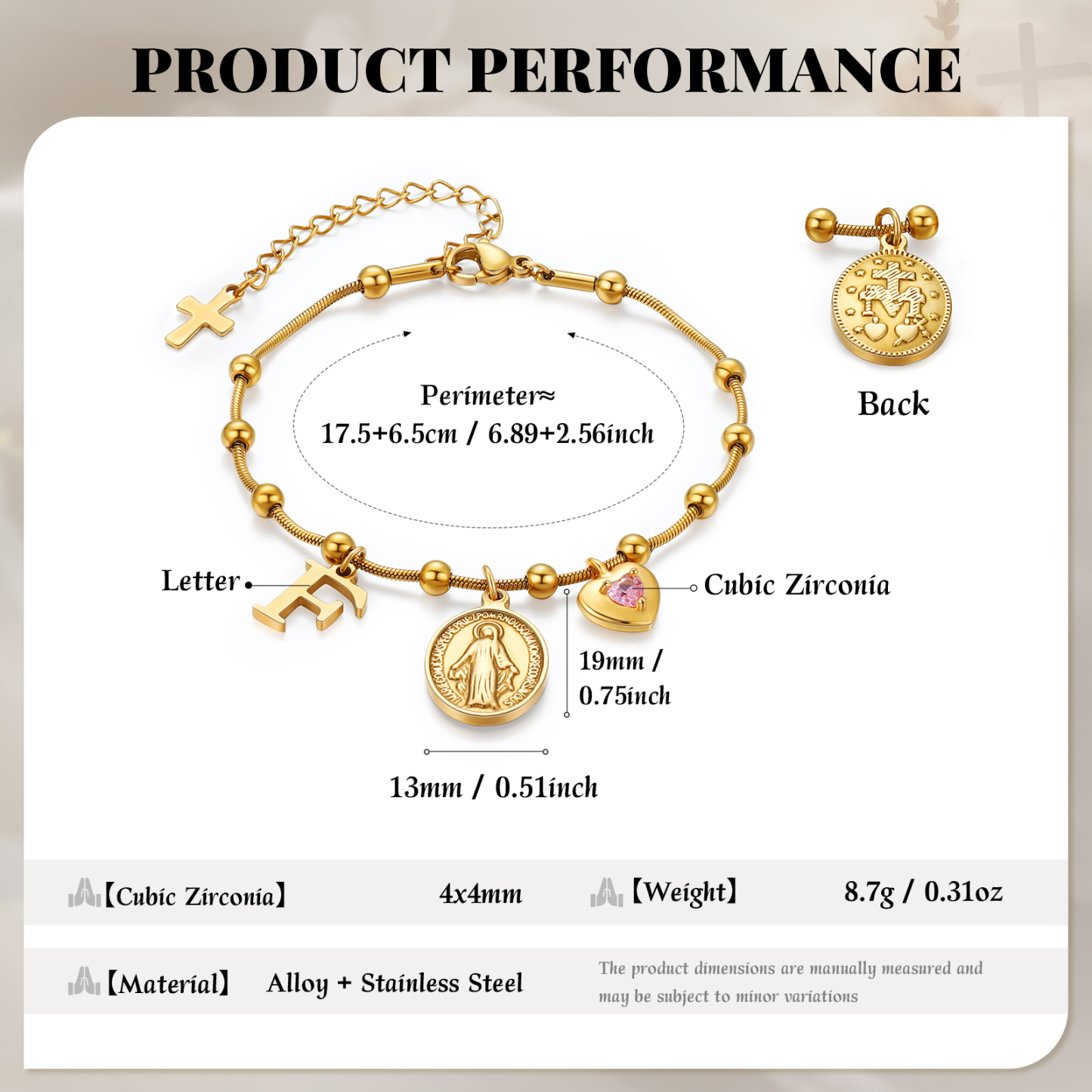 Armband in Gold mit Jungfrau Maria, Kreuz, Geburtsstein und Initiale