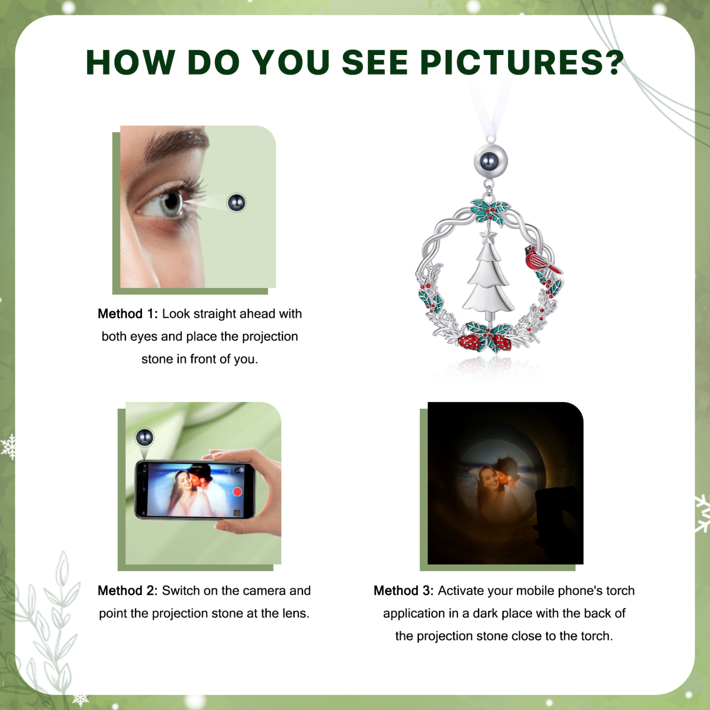 Personalisiertes Weihnachts‑Projektionsornament – Kranz mit Tannenbaum, Foto im Stein, Christbaumanhänger, Weihnachtsanhänger