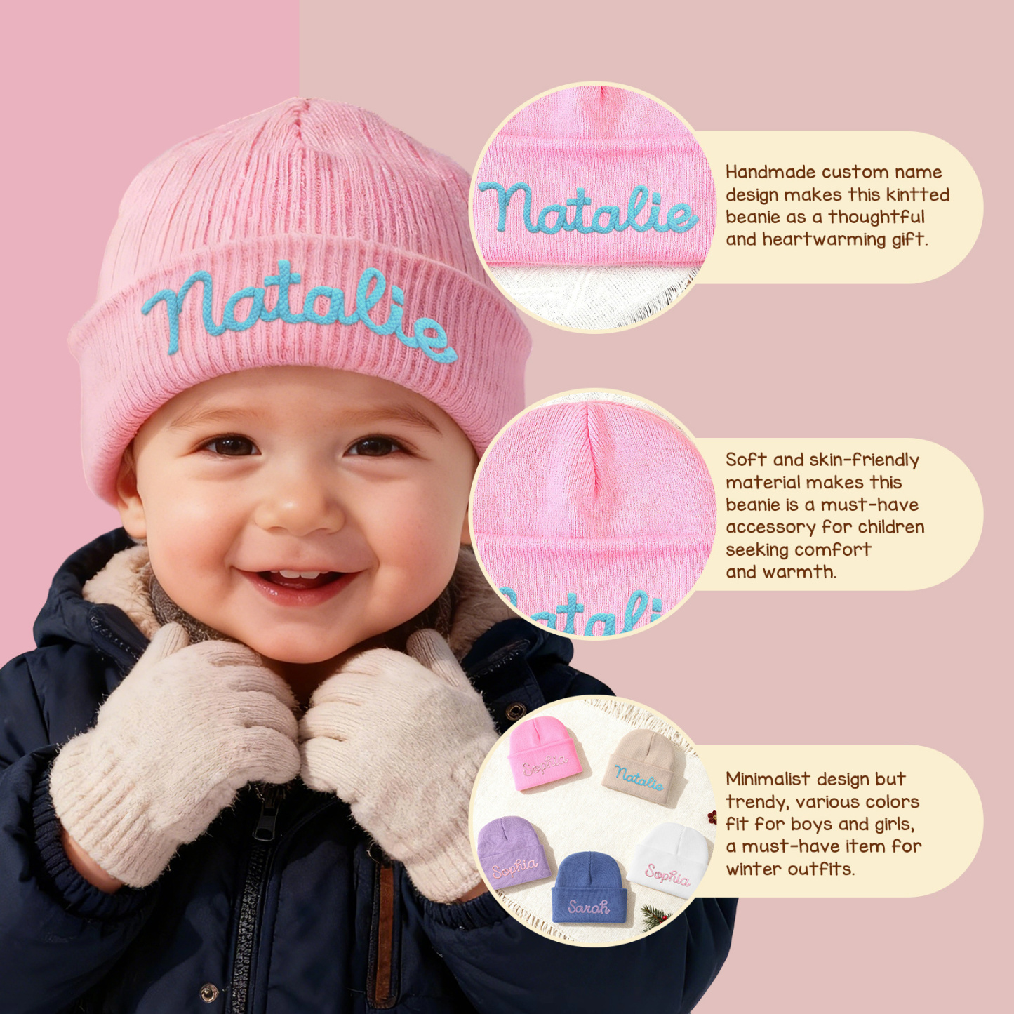 Personalisierte Namens-Beanie-Mütze für Babys, Kinder und Kleinkinder – handgefertigt, bestickt, kuschelig gestrickt