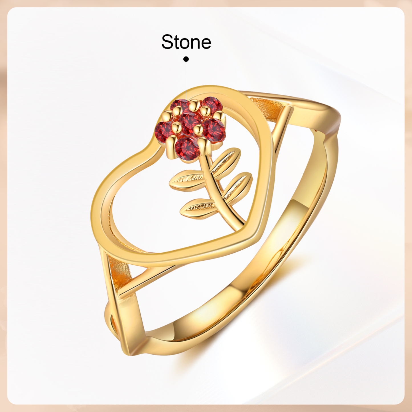 Personalisierbarer 1 Geburtsstein Blume Herz Fein Golden Ring