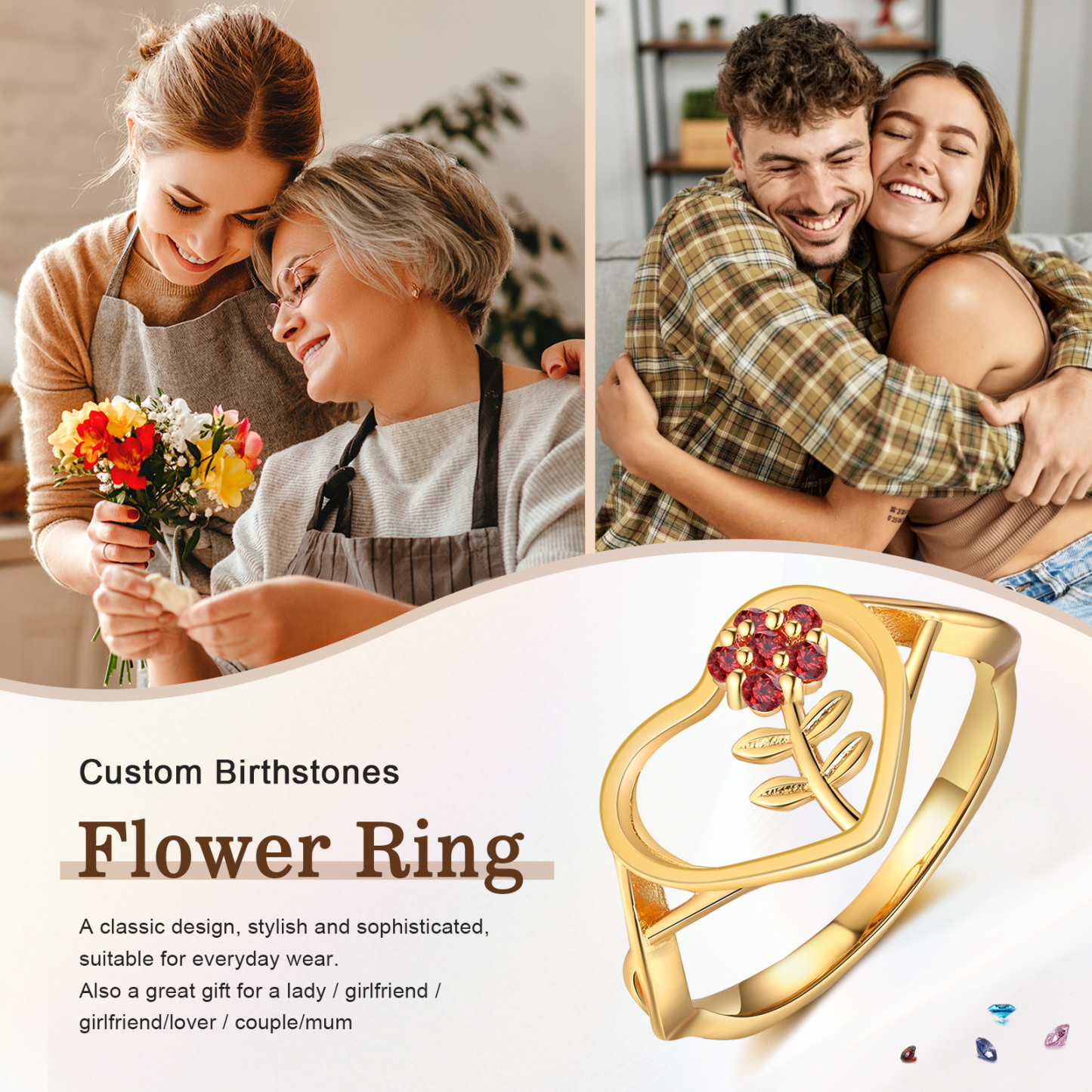 Personalisierbarer 1 Geburtsstein Blume Herz Fein Golden Ring