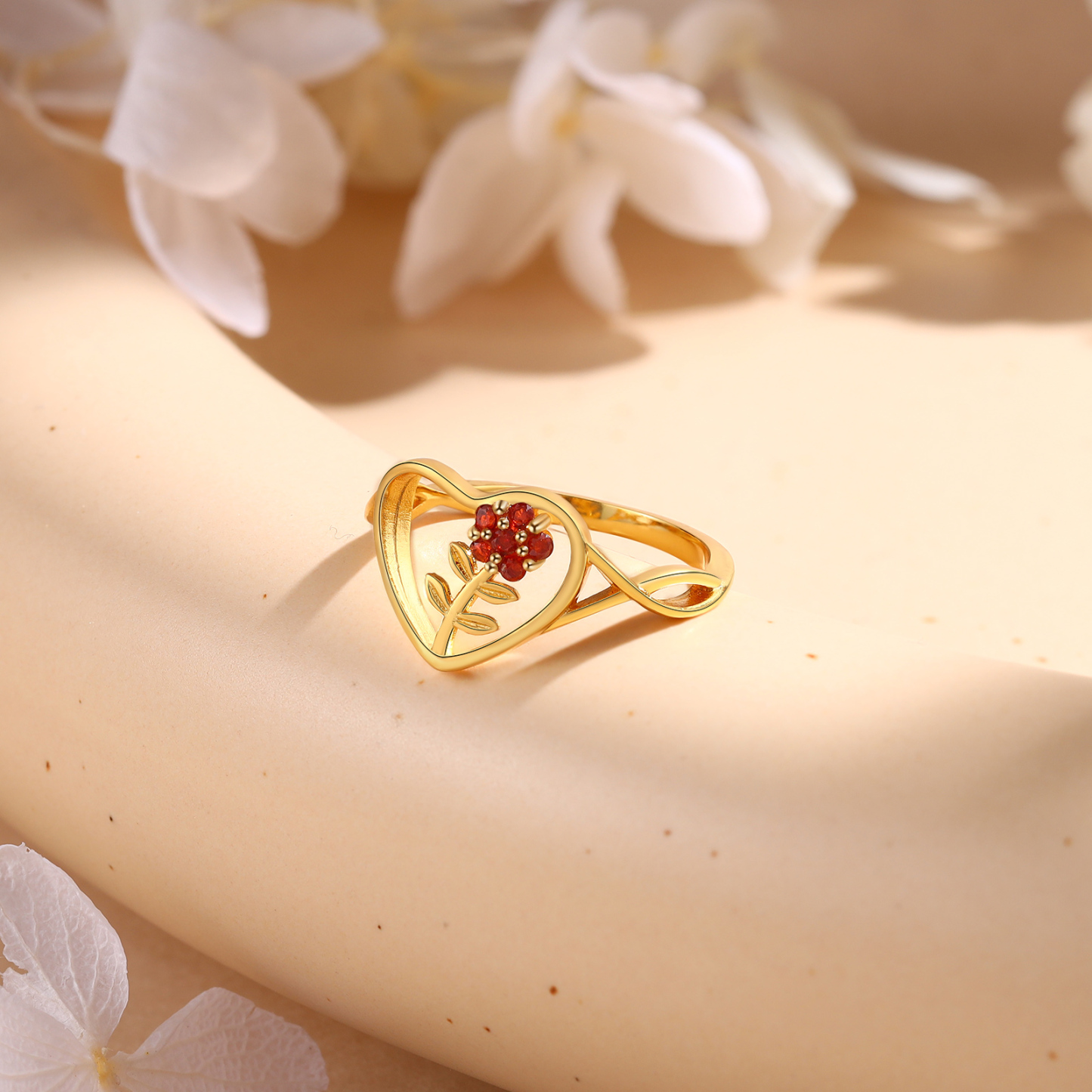 Personalisierbarer 1 Geburtsstein Blume Herz Fein Golden Ring