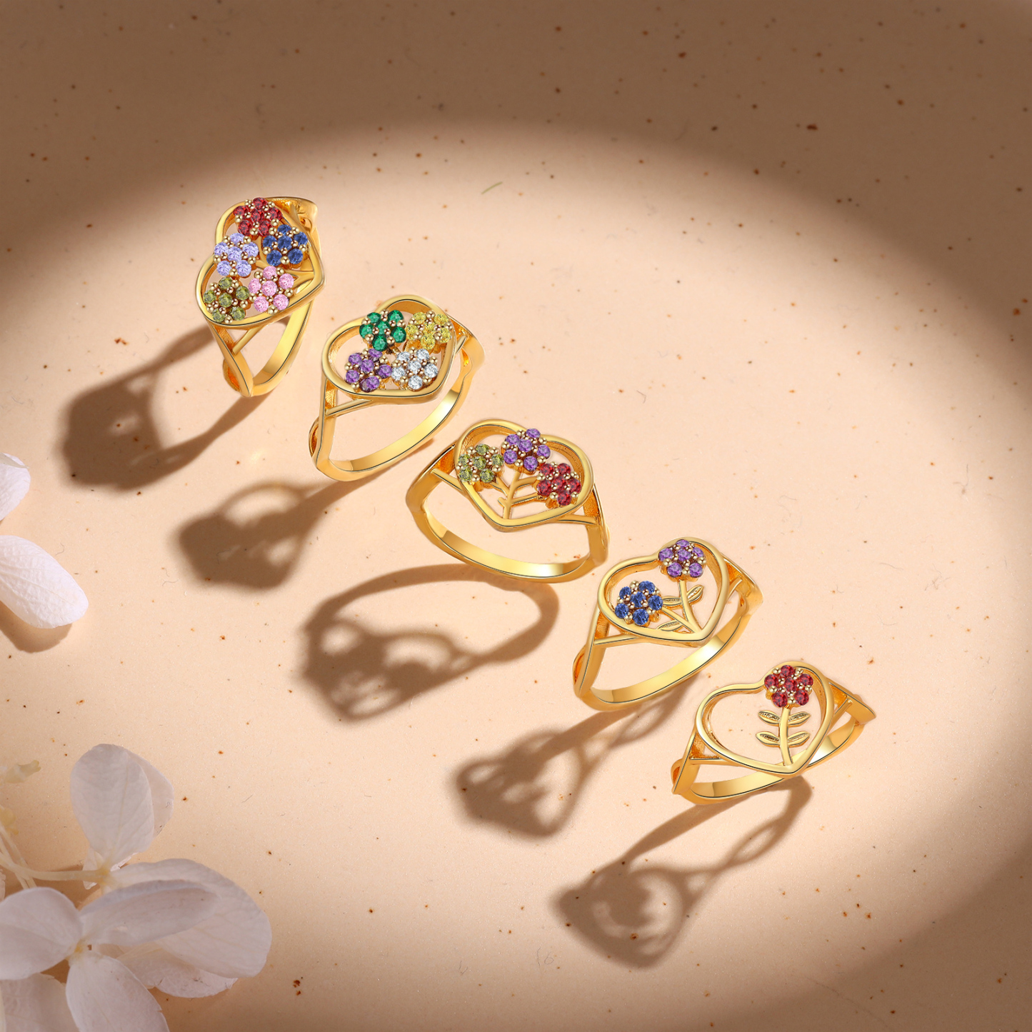 Personalisierbarer 2 Geburtssteine Blume Herz Fein Golden Ring