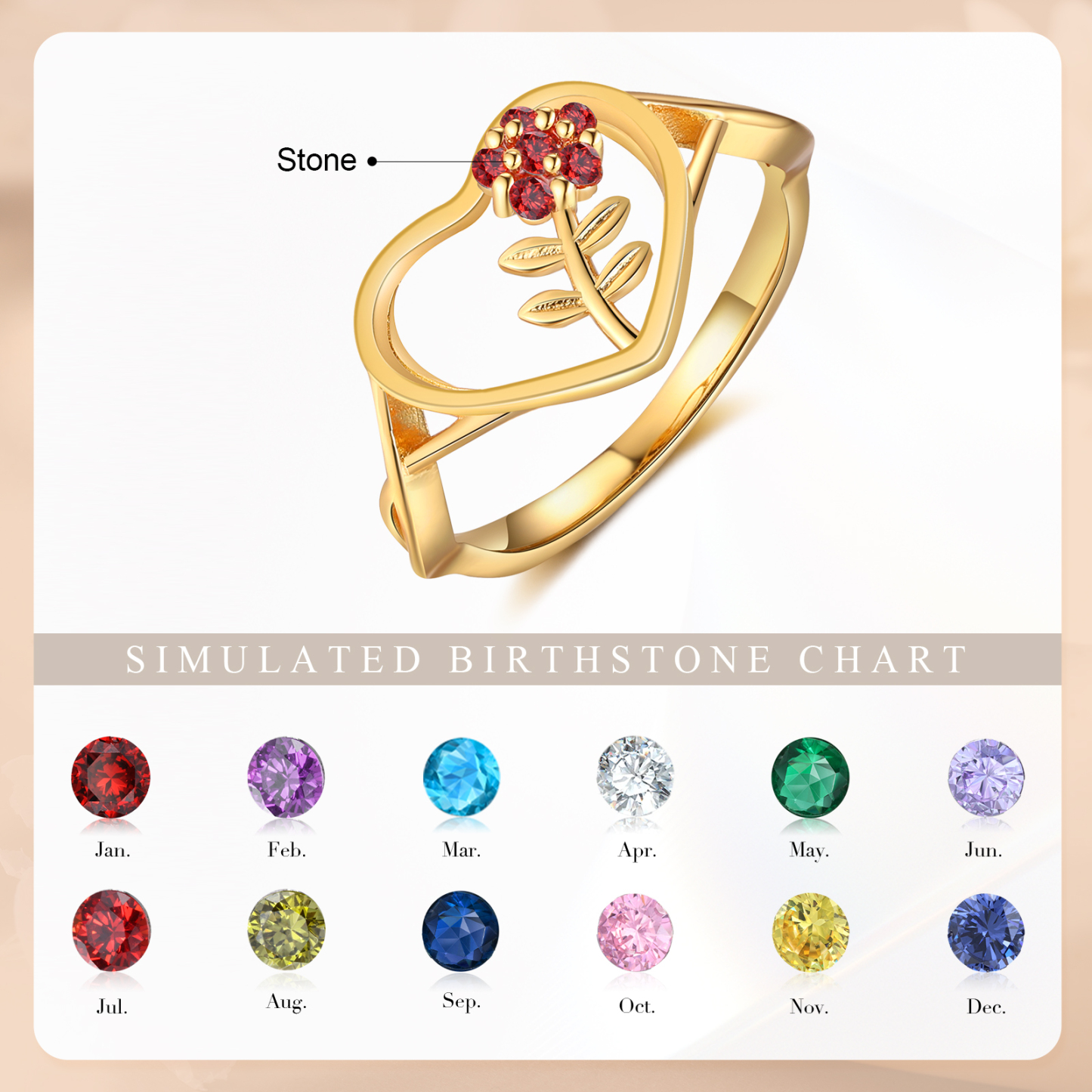 Personalisierbarer 1 Geburtsstein Blume Herz Fein Golden Ring