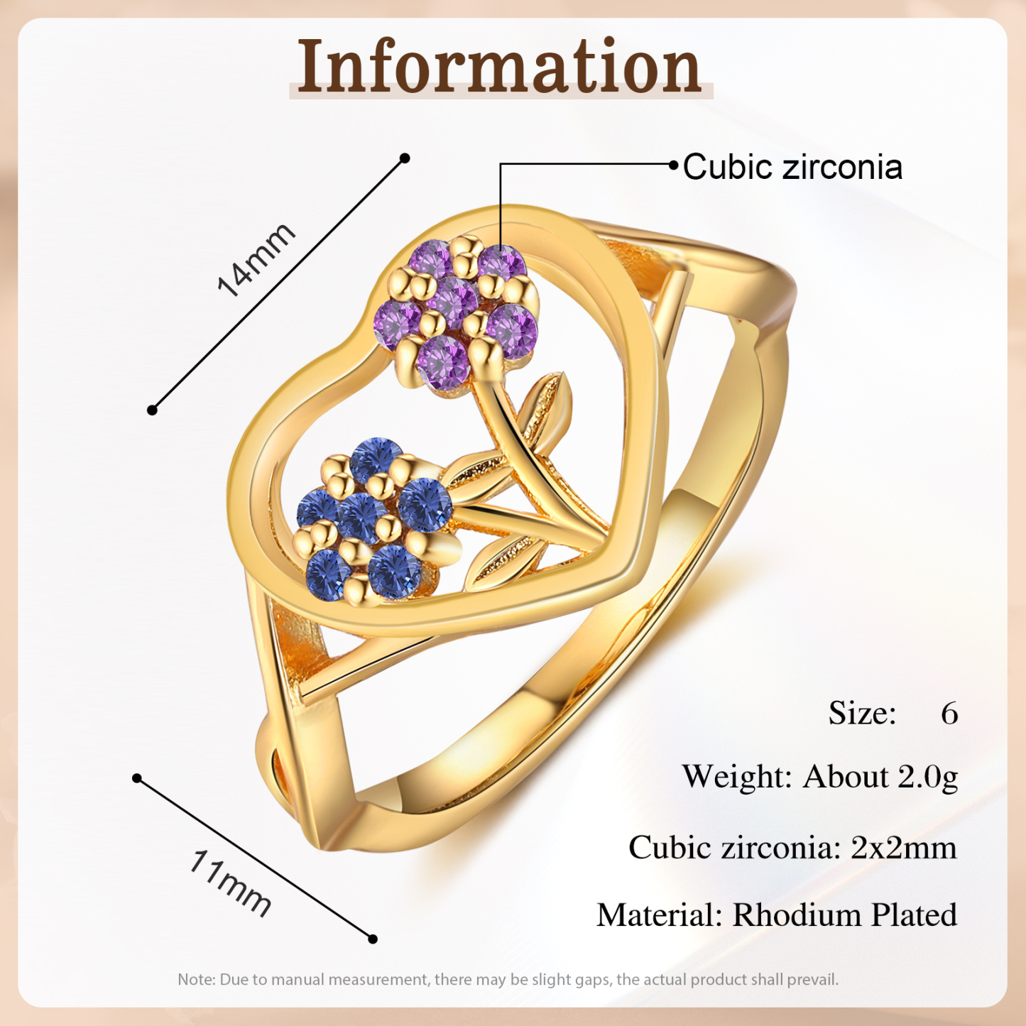 Personalisierbarer 2 Geburtssteine Blume Herz Fein Golden Ring