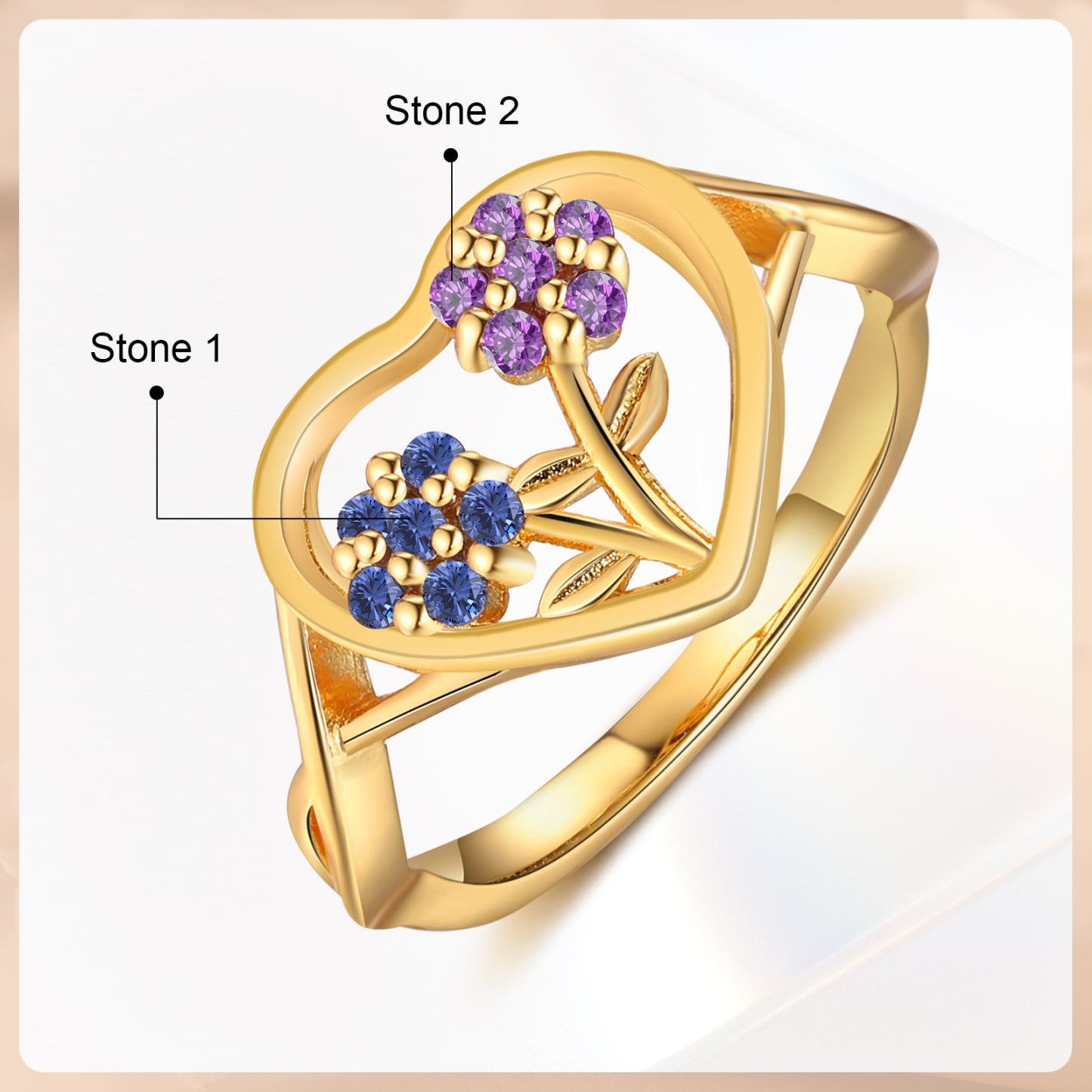 Personalisierbarer 2 Geburtssteine Blume Herz Fein Golden Ring