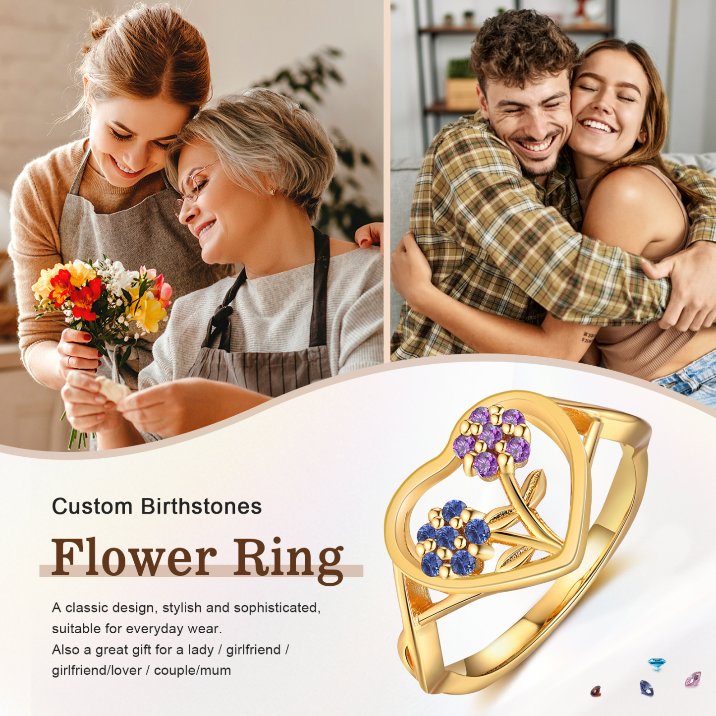 Personalisierbarer 2 Geburtssteine Blume Herz Fein Golden Ring