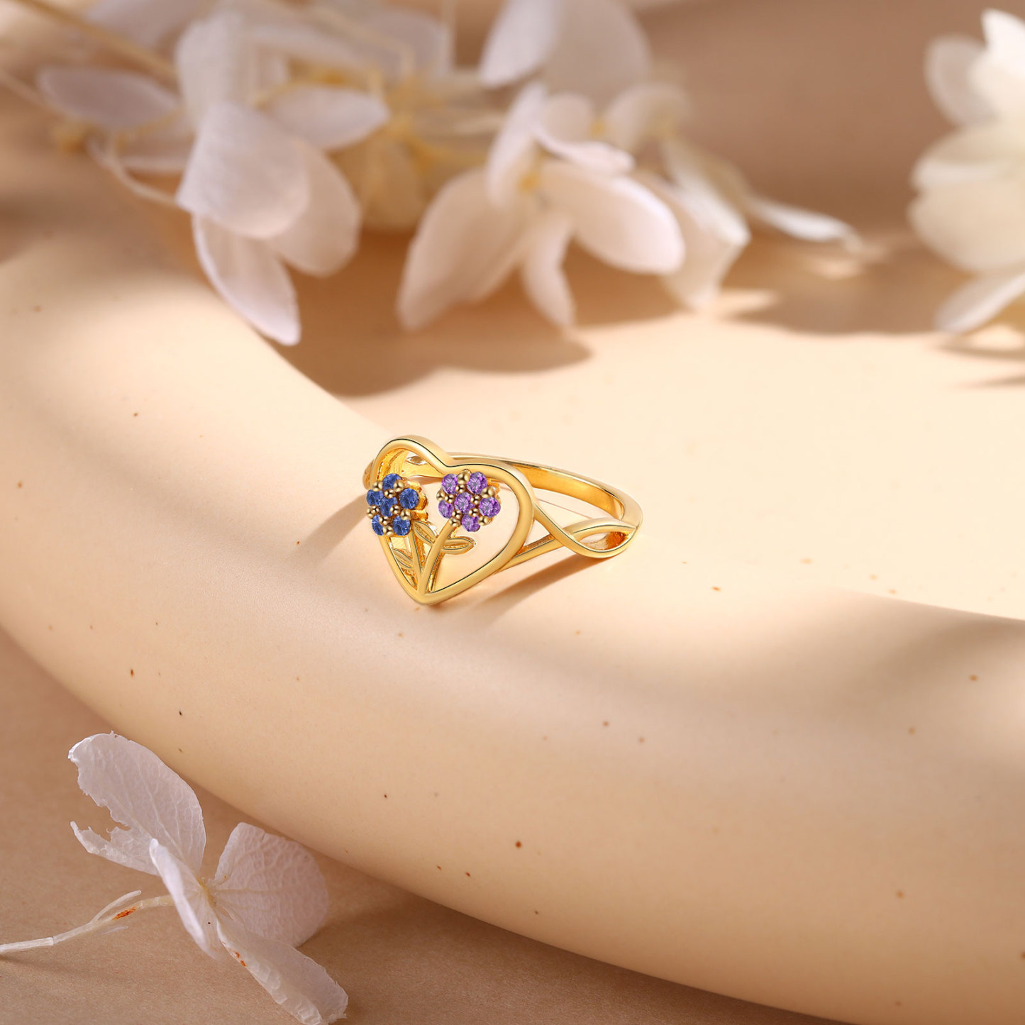 Personalisierbarer 2 Geburtssteine Blume Herz Fein Golden Ring