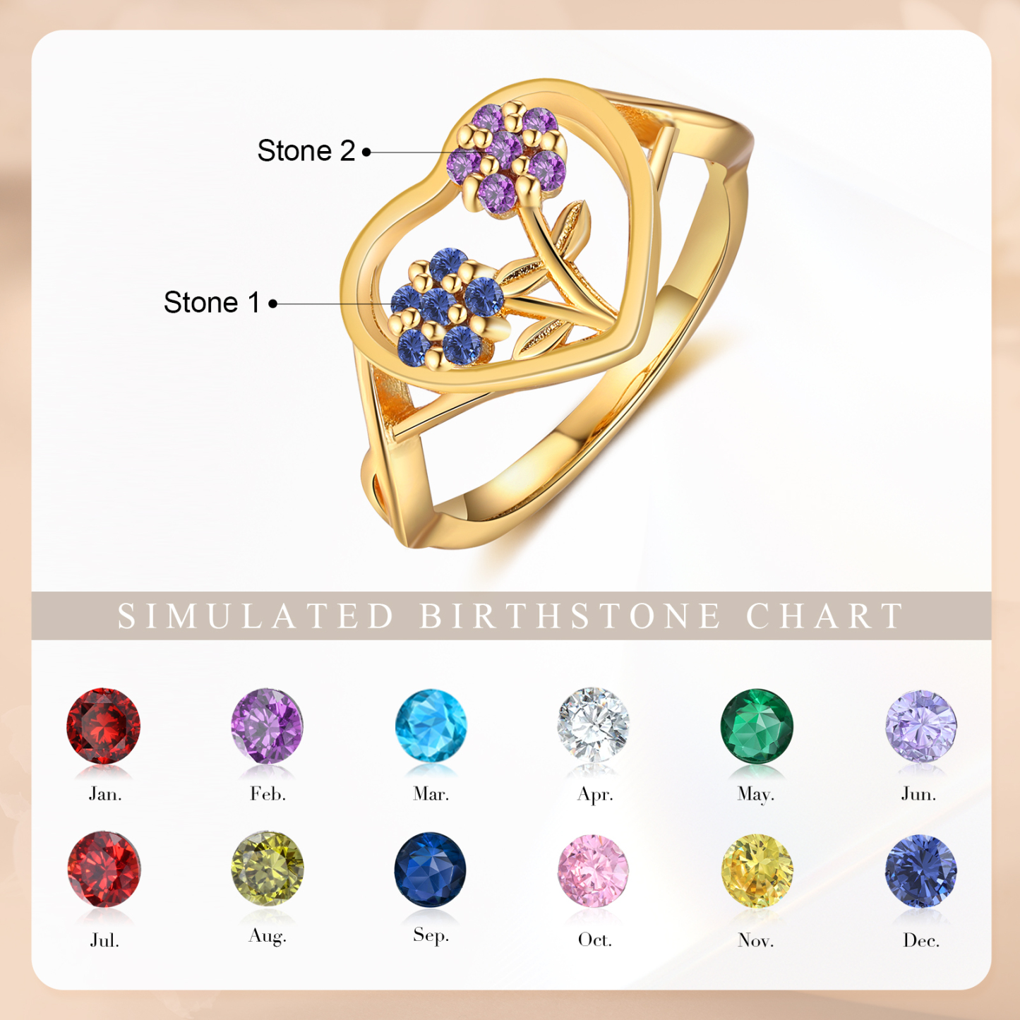 Personalisierbarer 2 Geburtssteine Blume Herz Fein Golden Ring