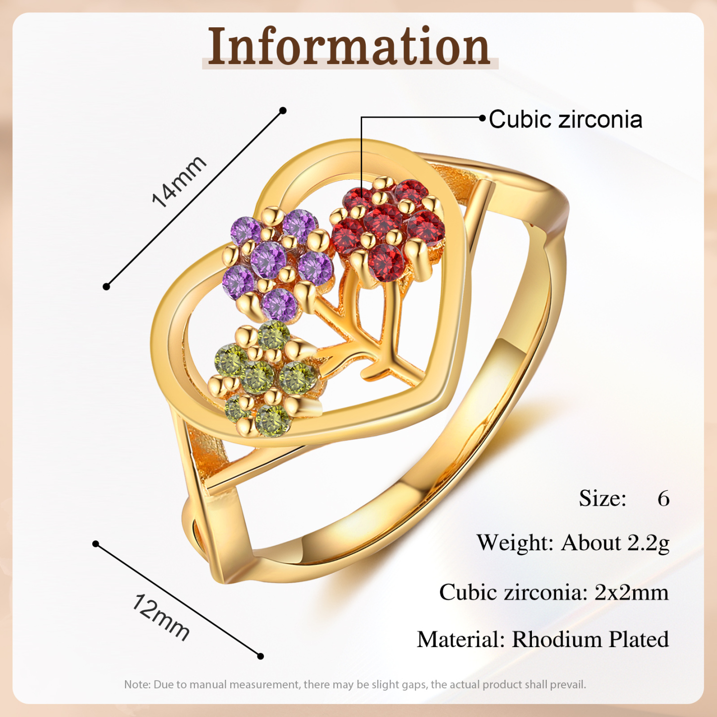 Personalisierbarer 3 Geburtssteine Blume Herz Fein Golden Ring
