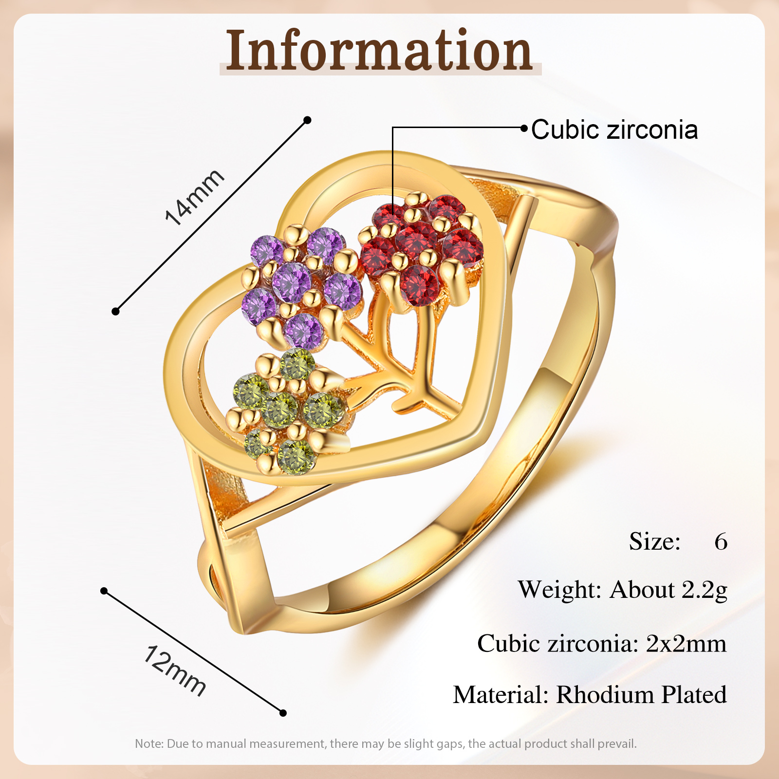 Personalisierbarer 3 Geburtssteine Blume Herz Fein Golden Ring