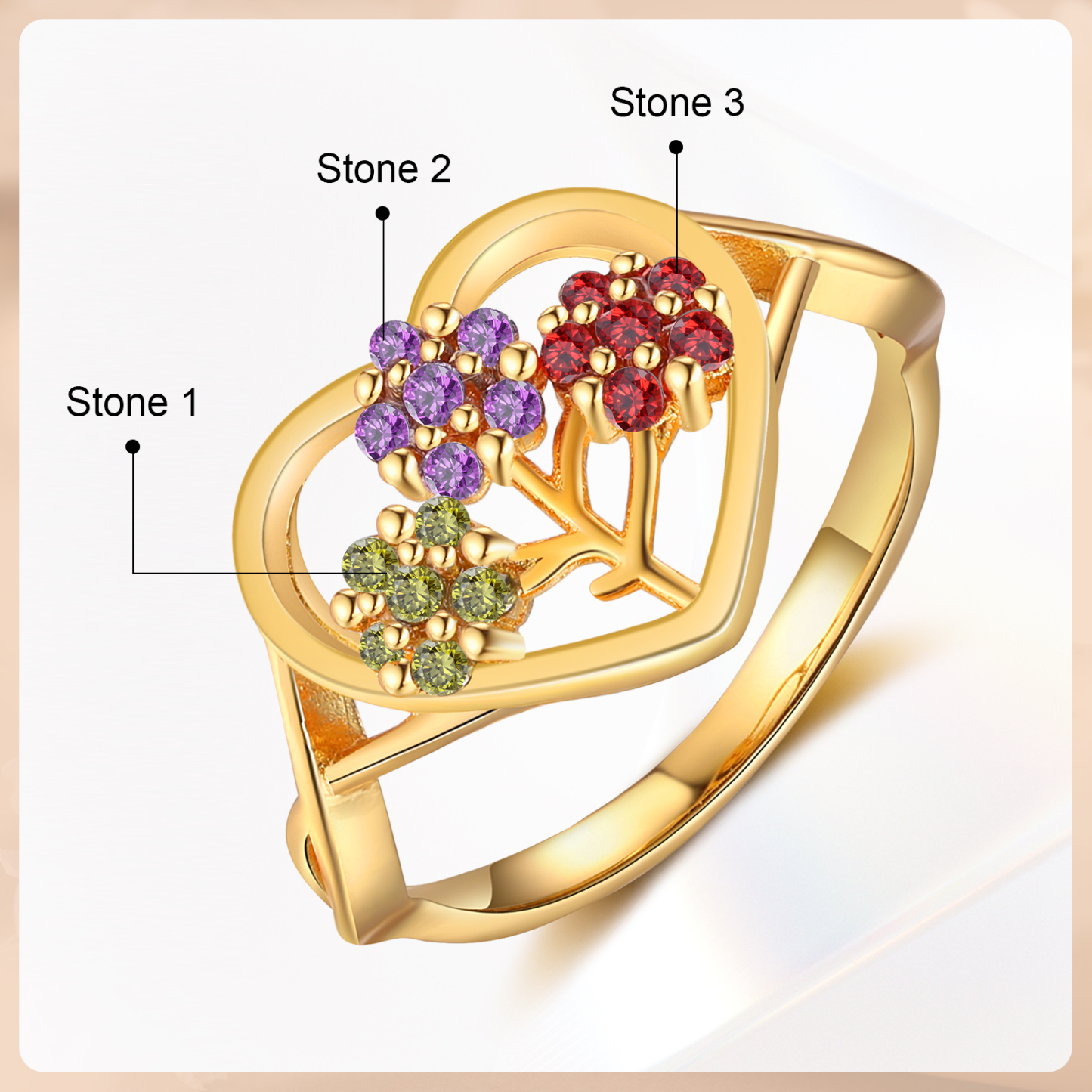 Personalisierbarer 3 Geburtssteine Blume Herz Fein Golden Ring