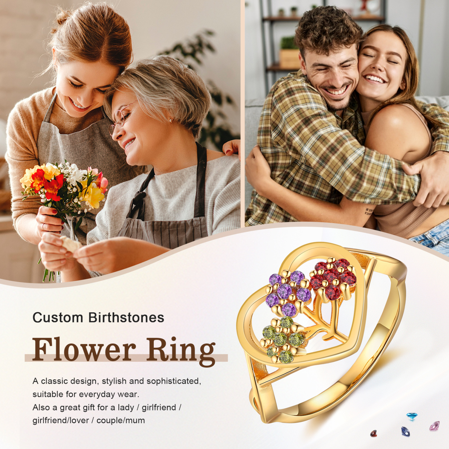 Personalisierbarer 3 Geburtssteine Blume Herz Fein Golden Ring