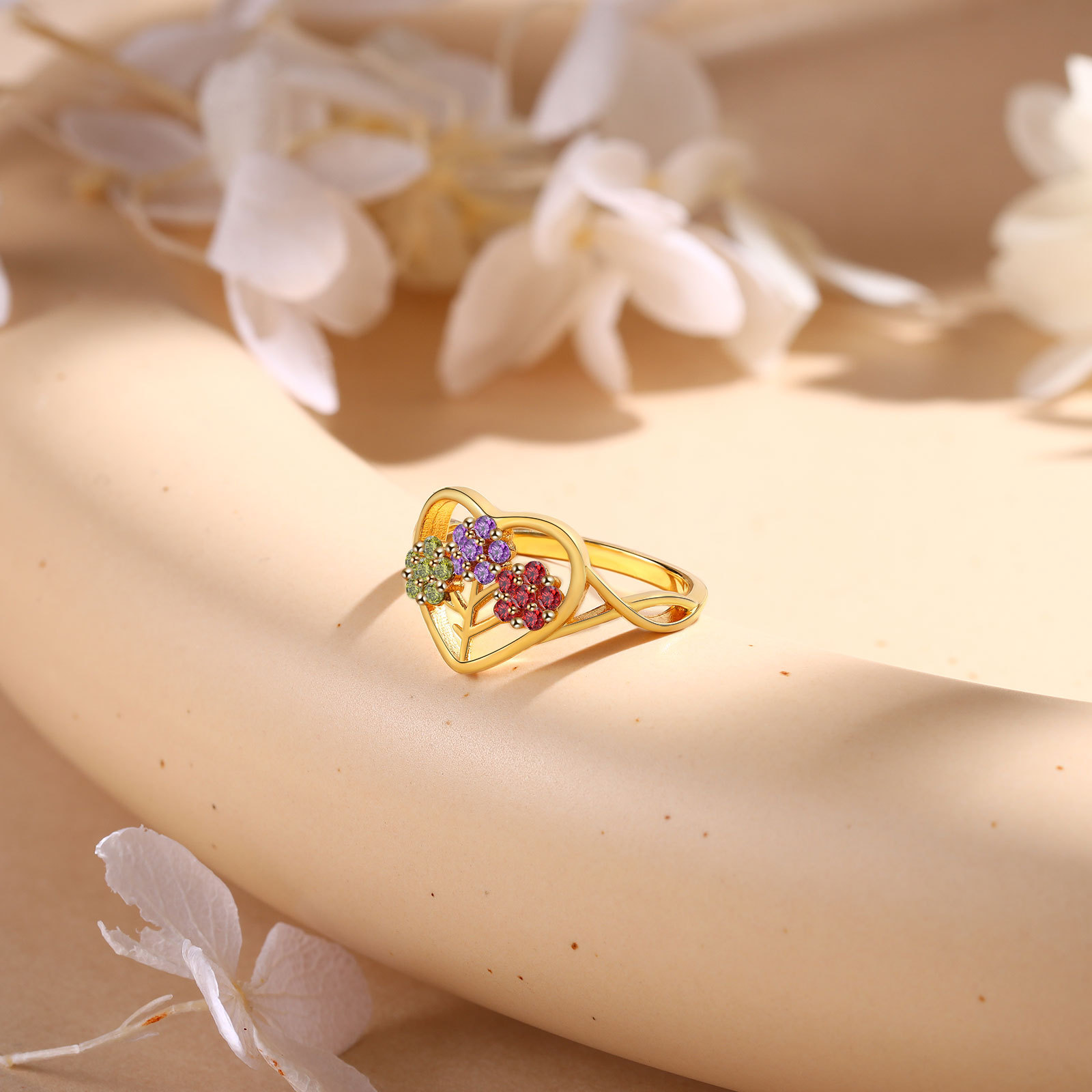 Personalisierbarer 3 Geburtssteine Blume Herz Fein Golden Ring
