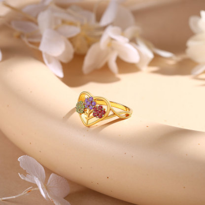 Personalisierbarer 3 Geburtssteine Blume Herz Fein Golden Ring