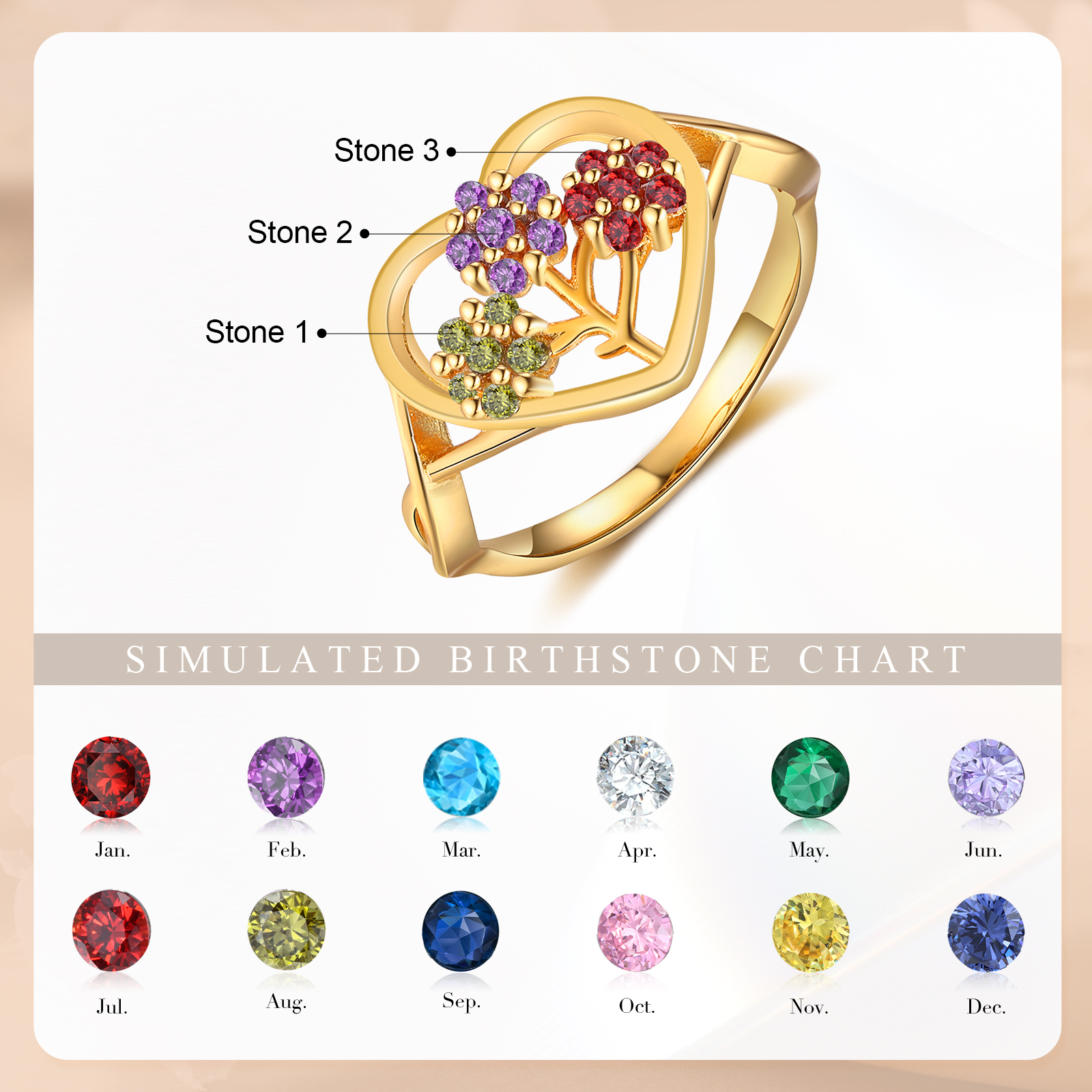 Personalisierbarer 3 Geburtssteine Blume Herz Fein Golden Ring